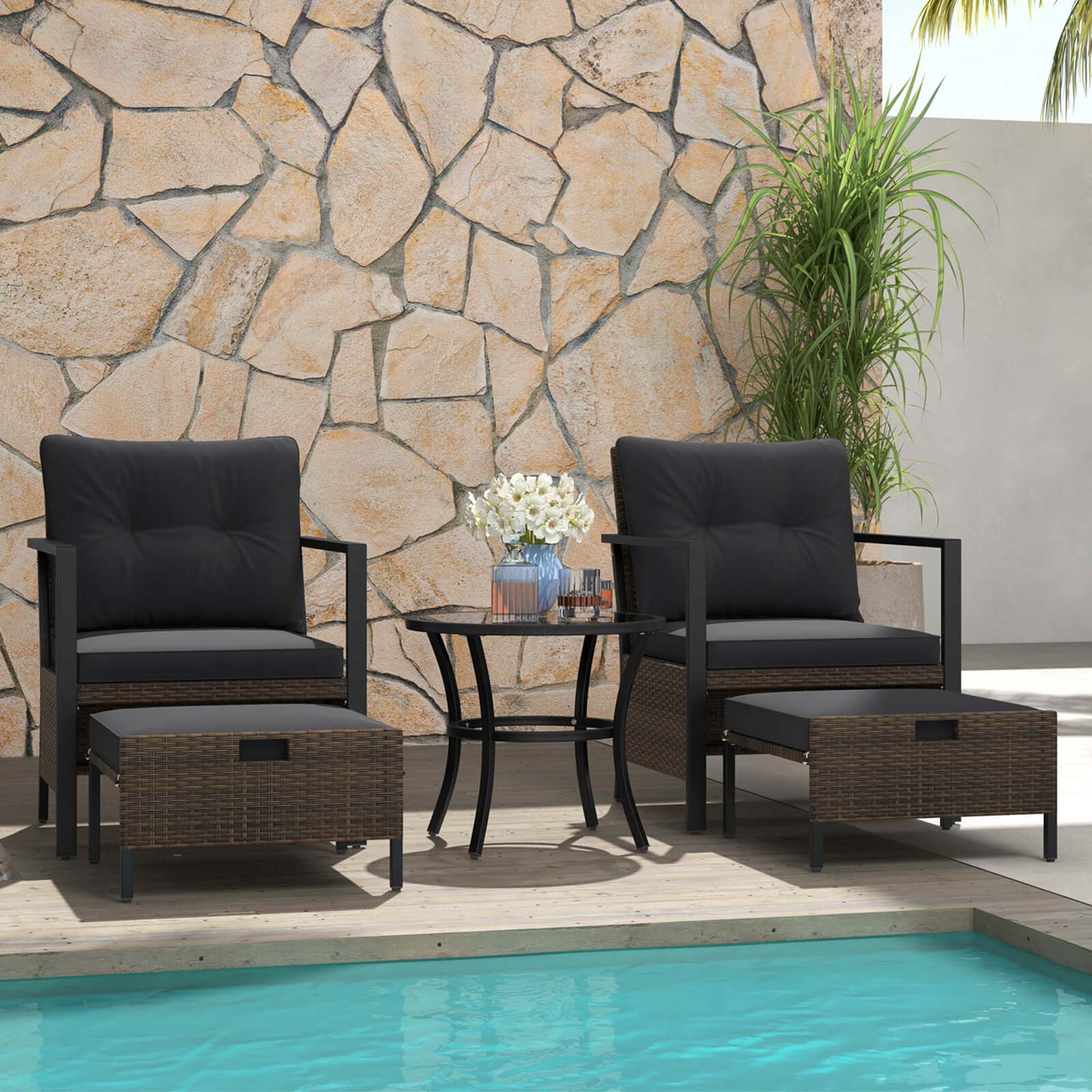 Alt View 1. Costway - Costway 5 PCS Outdoor Furniture Set Rattan Chairs & Ottomans with Glass Topped Coffee Table - Black.