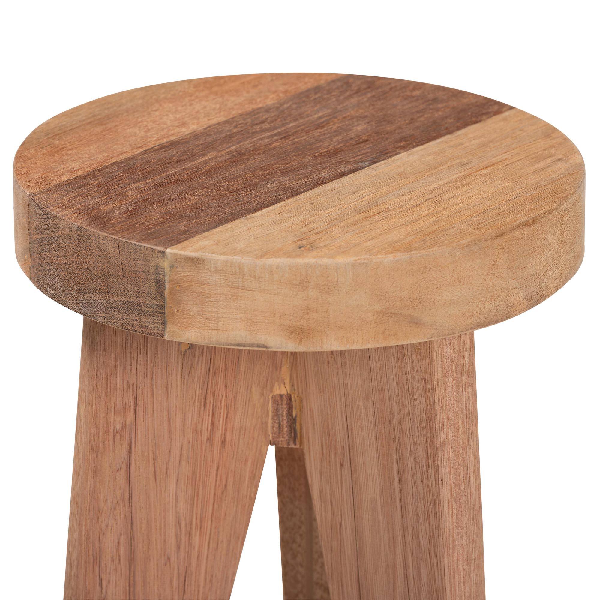 Left. bali & pari - Sayen Acacia Wood Multipurpose Accent Stool - Sculptural End Table with Flared Tripod Base - Natural Brown.