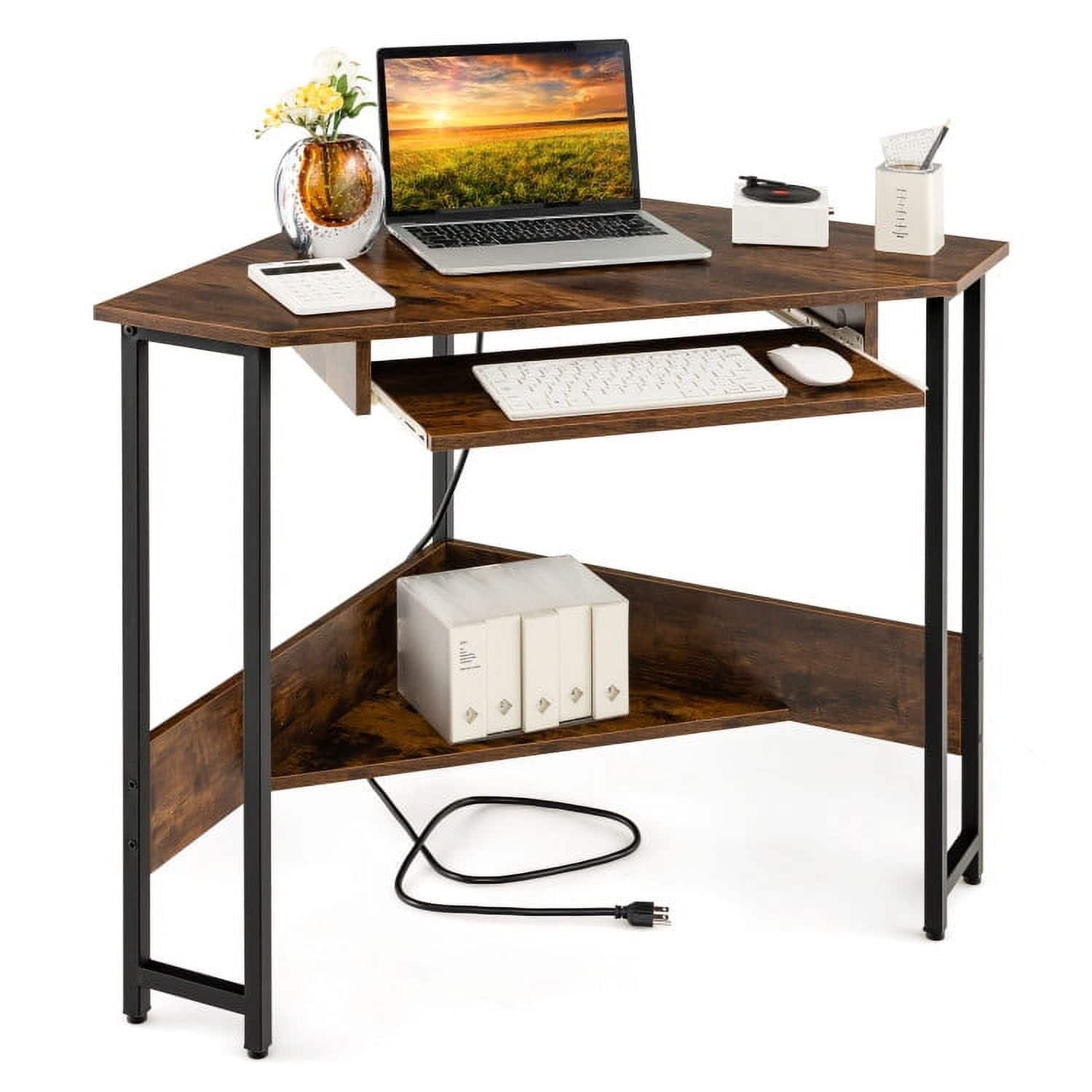 Kadyn - Triangle Corner Desk with Charging Station Keyboard Tray and Storage Shelf-Rustic Home Office Desks - Brown