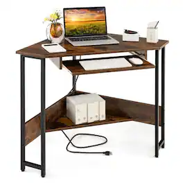 Resenkos - Triangle Corner Desk with Charging Station Keyboard Tray and Storage Shelf-Rustic Home Office Desks - Brown