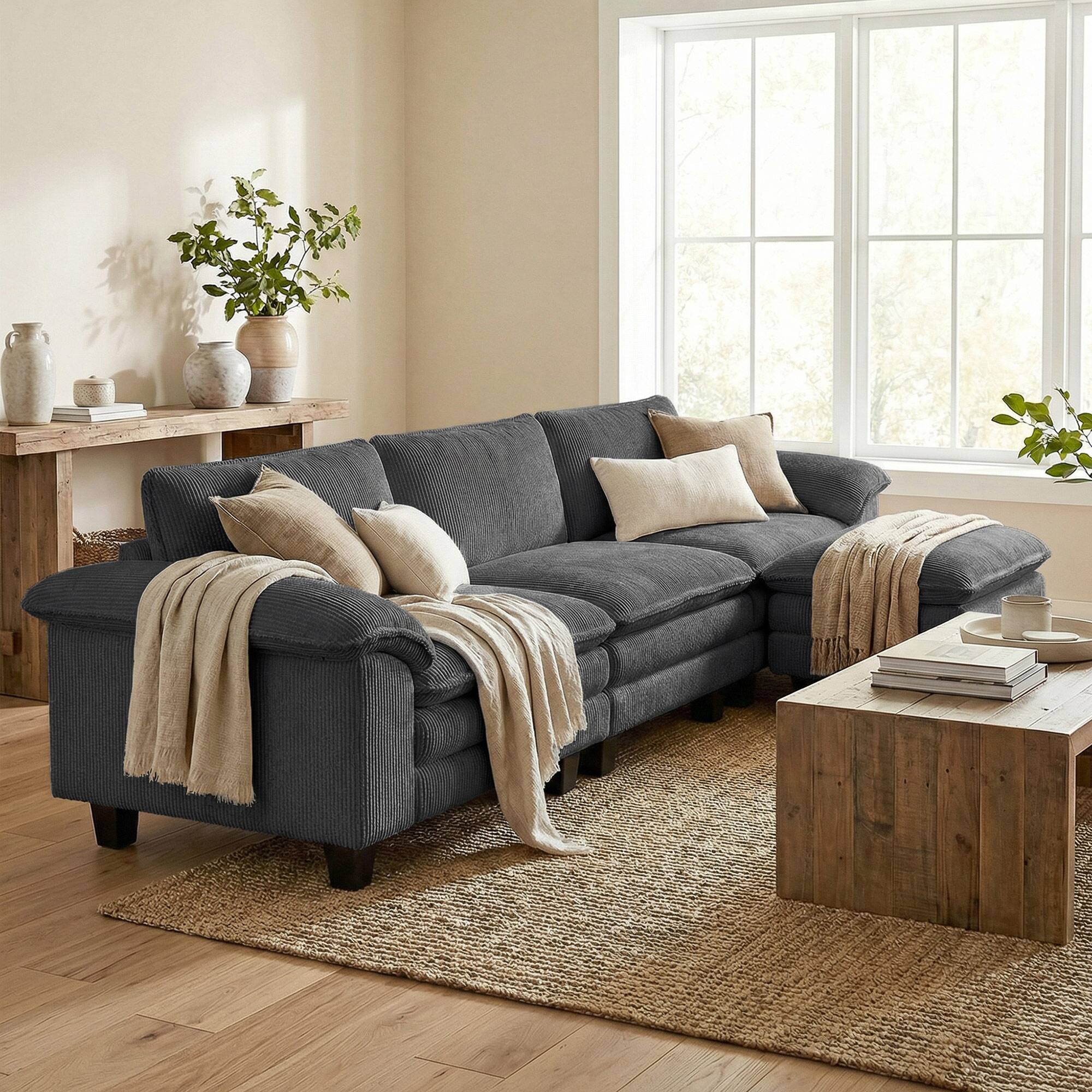 Alt View 1. Homcom - Sofa, L Shaped Couch with Deep Seat, Movable Ottoman and Pillow-top Armrests - Dark Gray.