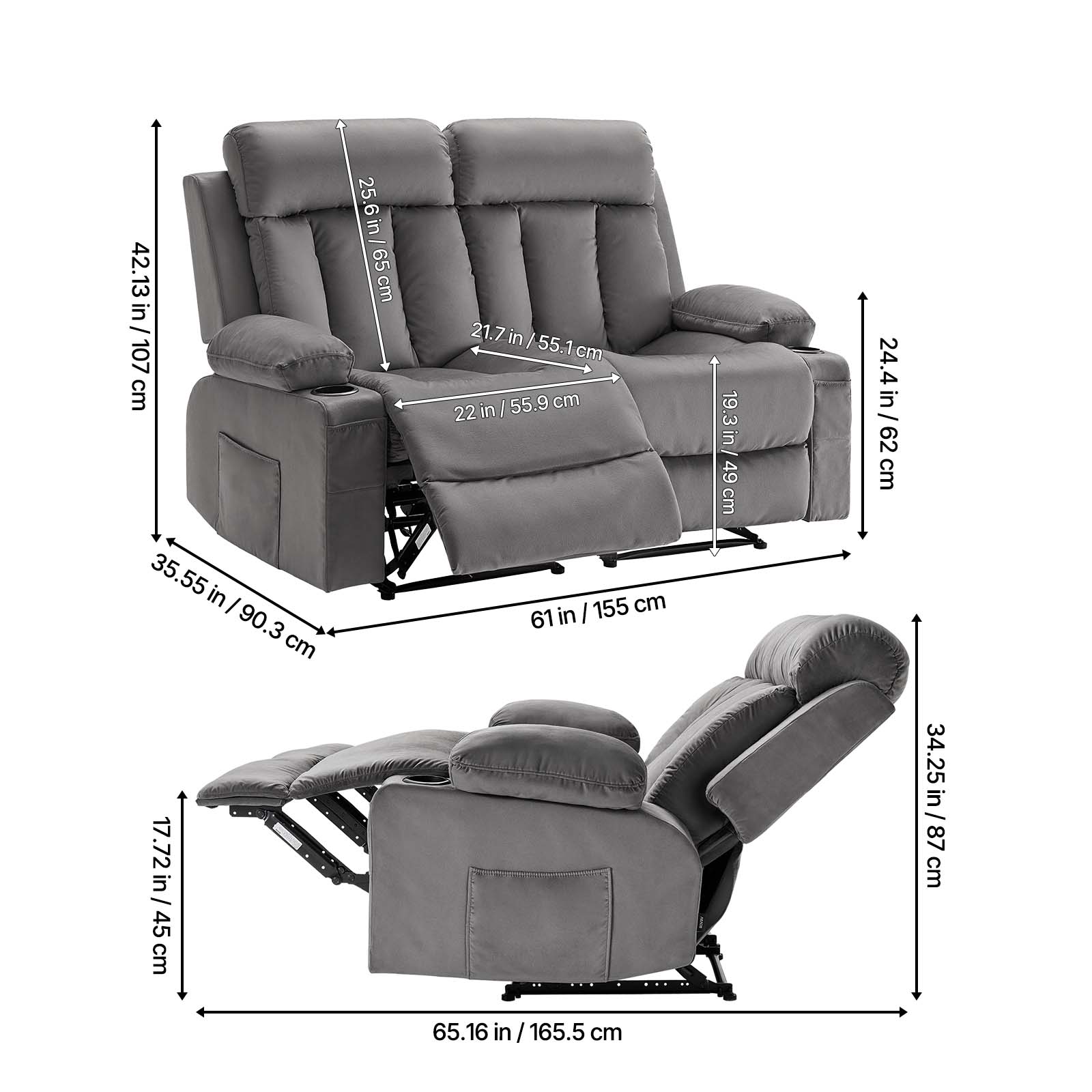 42.13 in / 107 cm  
35.55 in / 90.3 cm  
25.6 in / 65 cm  
21.7 in / 55.1 cm  
22 in / 55.9 cm  
19.3 in / 49 cm  
24.4 in / 62 cm  
34.25 in / 87 cm  
17.72 in / 45 cm  
65.16 in / 165.5 cm  
61 in / 155 cm