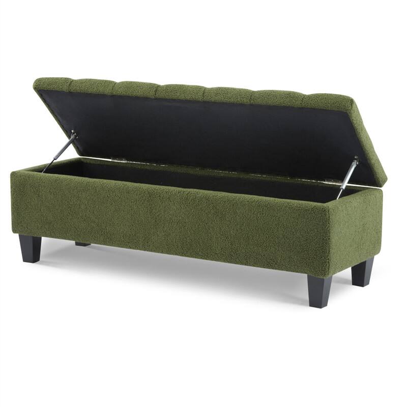 Angle. HTUTWOO - Ottoman Bench with Storage - Boucle Surface, Rubber Wood Legs, 300 lbs Capacity, MDF/Pine/Plywood Construction - Green.