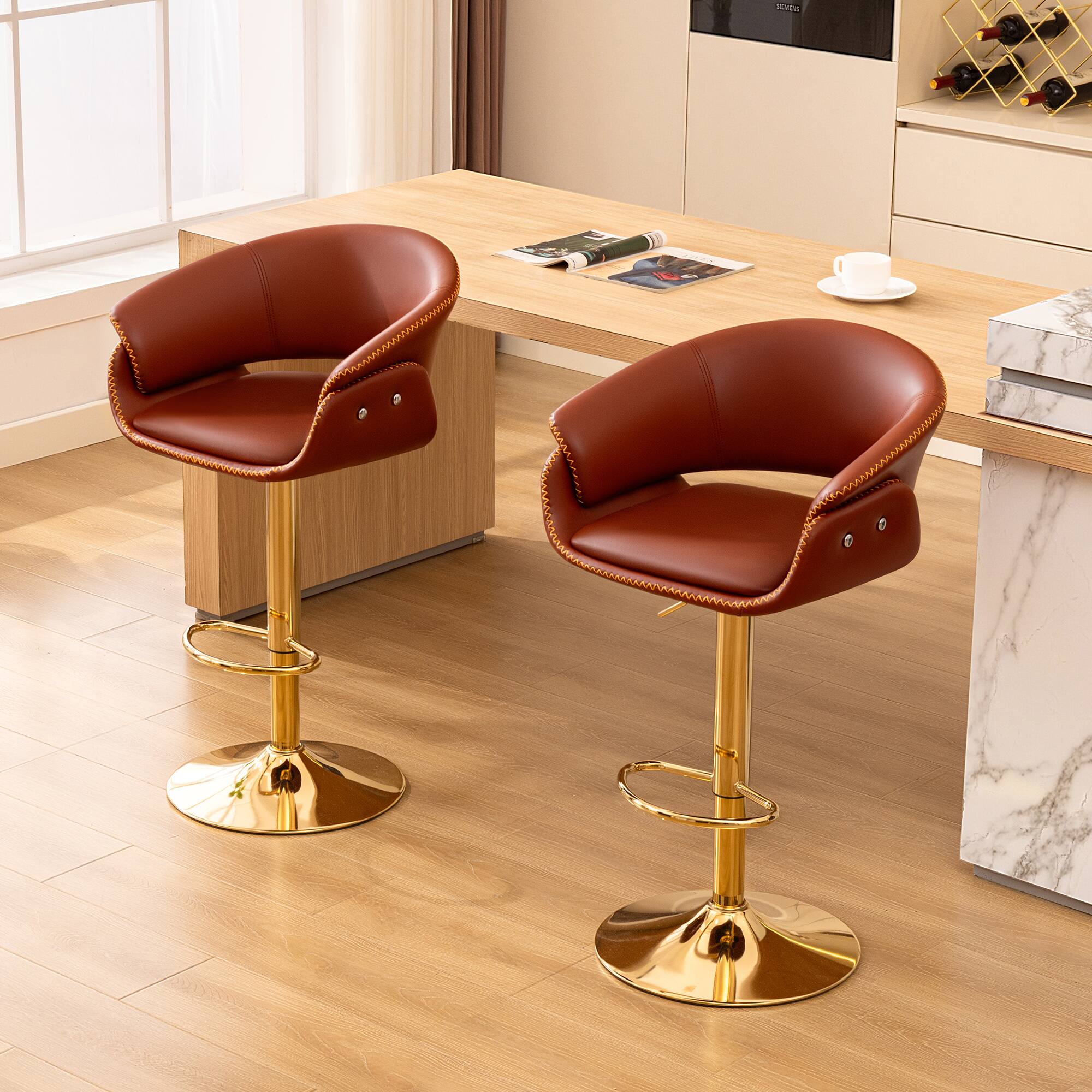 Front. KERDOM - Adjustable Height Bar Chair 1pc, High Dinning Chair PU Leather Swivel Barstool, Airlift Tall Counter Height for Kitchen - Red.