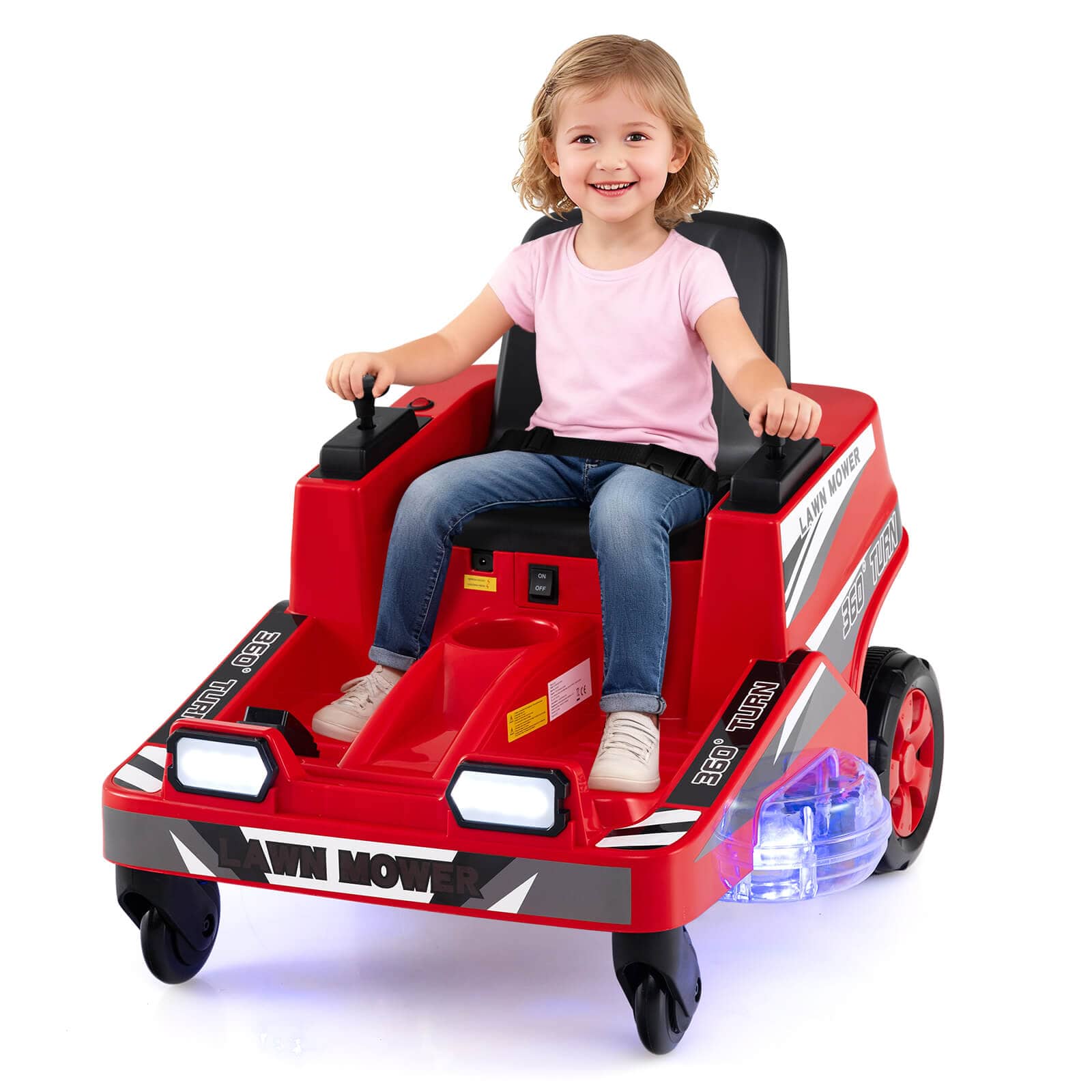 Costway - 12V Ride on Lawn Mower with Dual Control Sticks LED Lights Twist Turn for Aged 3-8 - Red