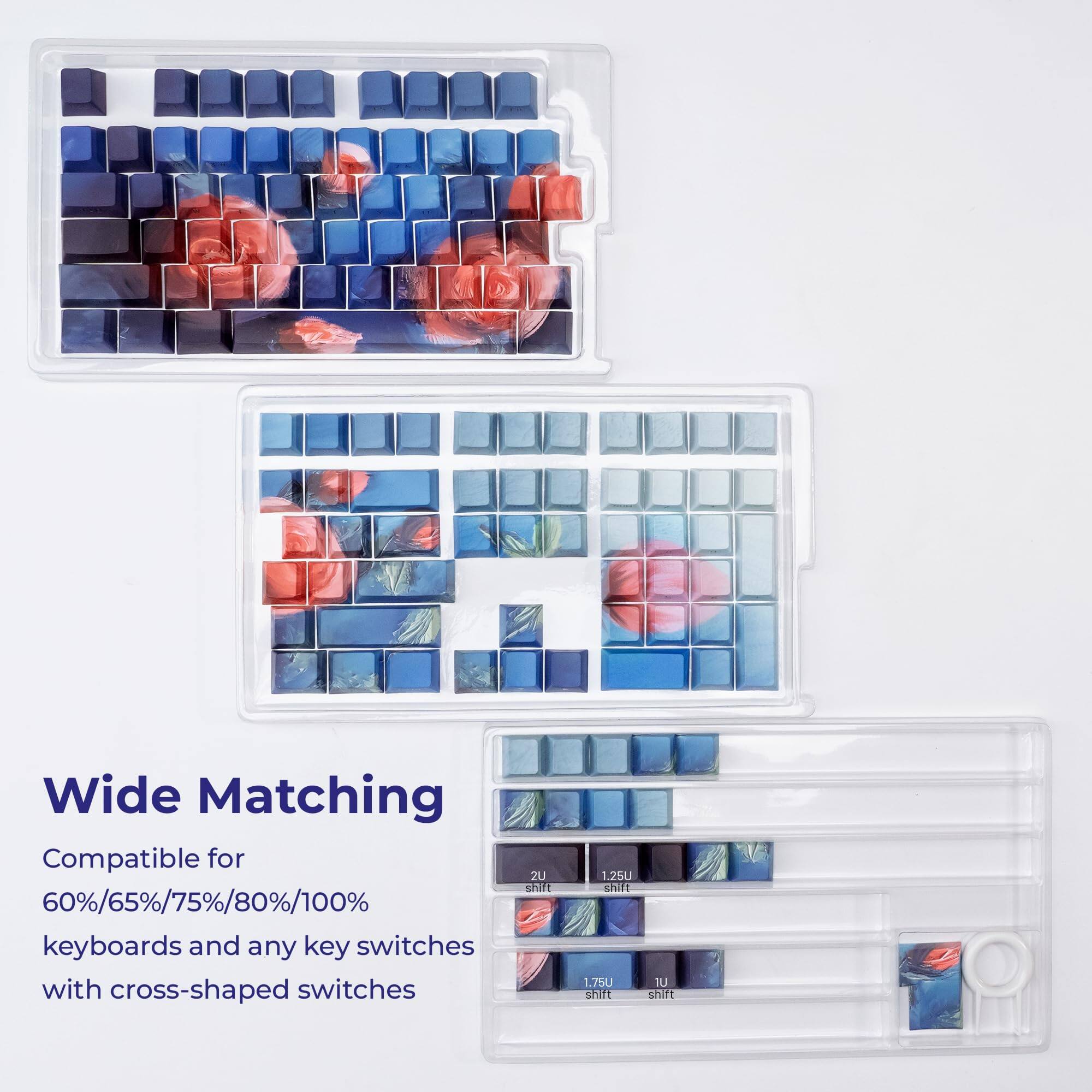 Wide Matching

Compatible for 60%/65%/75%/80%/100% keyboards and any key switches with cross-shaped switches

2U shift
1.25U shift
1.75U shift
1U shift