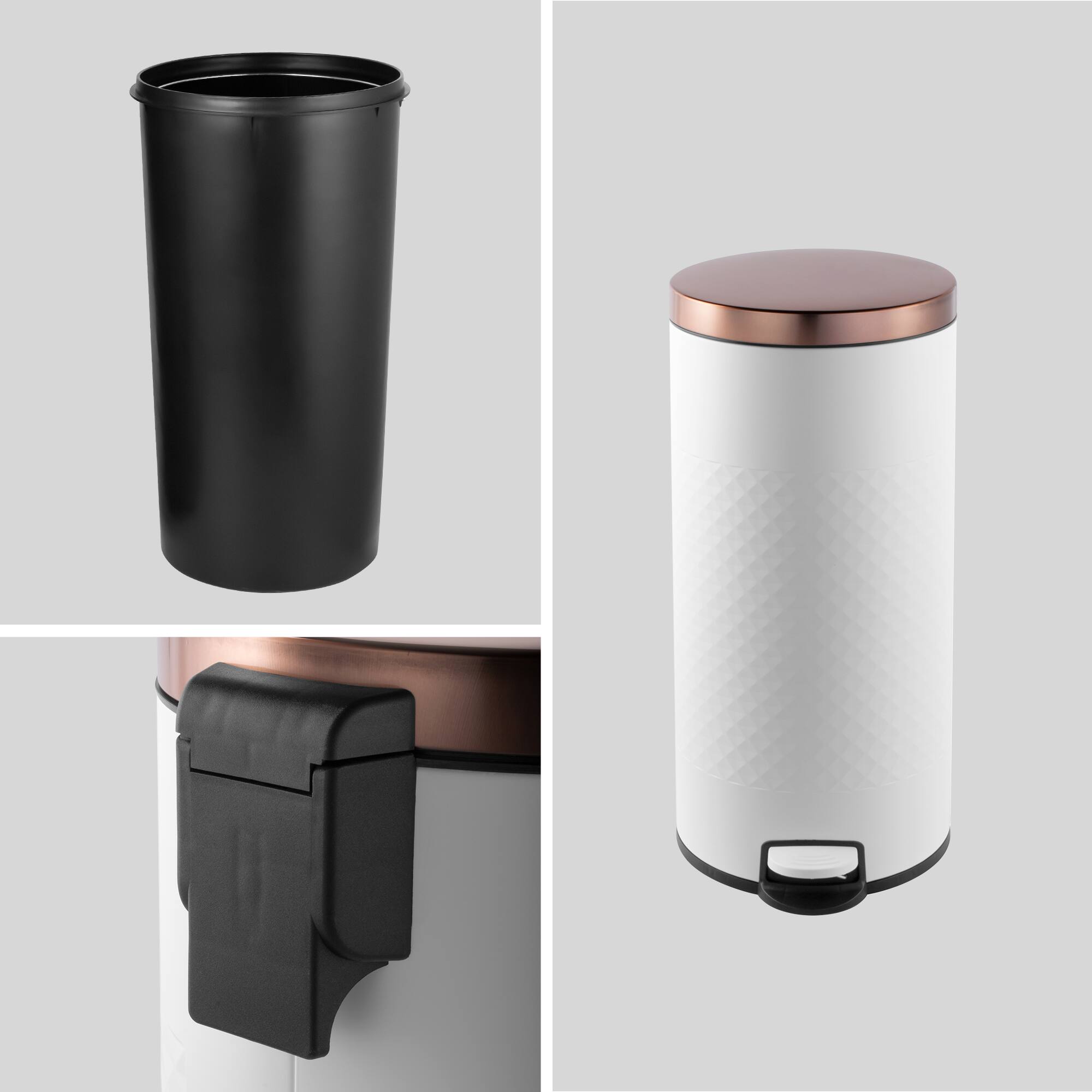 Alt View 4. Innovaze - 8 Gallon / 30 Liter White Metal Step-On Trash Can, Diamond Texture, Kitchen & Home Use - White.