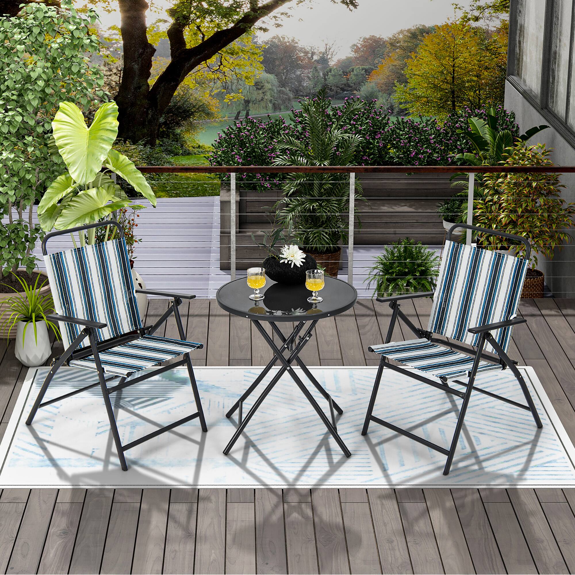 Alt View 4. Gymax - Gymax 3 Pieces Patio Folding Chair Set w/ 2 Chairs & Glass Round Coffee Table Porch Deck Backyard - Black, Blue, White.