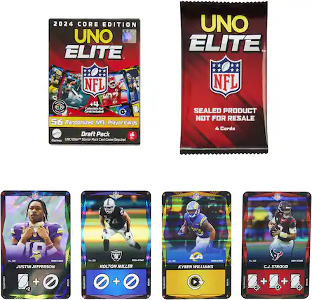2024 CORE EDITION
UNO ELITE
NFL
56 Randomized NFL Player Cards
Draft Pack
Games
UNO ELITE™ Starter Pack Card Game Required
UNO ELITE™
NFL
SEAL PRODUCT NOT FOR RESALE
4 Cards
JUSTIN JEFFERSON
2024 CORE
+2
KOLTON MILLER
2024 CORE
KYREN WILLIAMS
2024 CORE
C.J. STROUD
2024 CORE