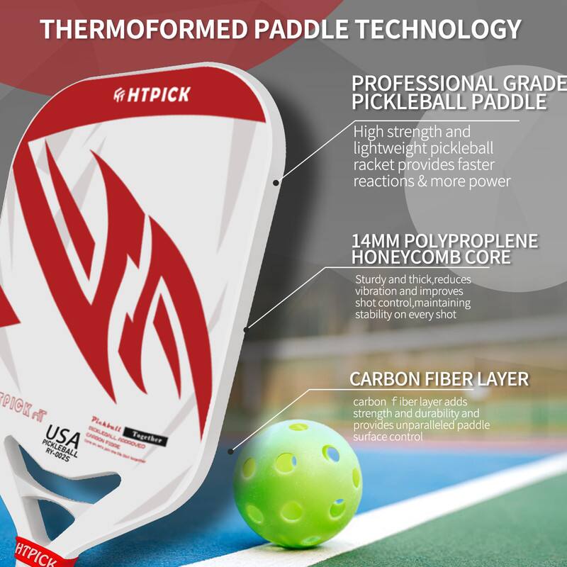 **THERMOFORMED PADDLE TECHNOLOGY**

**PROFESSIONAL GRADE PICKLEBALL PADDLE**

- High strength and lightweight pickleball racket provides faster reactions & more power

- **14MM POLYPROPYLENE HONEYCOMB CORE**
  - Sturdy and thick, reduces vibration and improves shot control, maintaining stability on every shot

- **CARBON FIBER LAYER**
  - Carbon fiber layer adds strength and durability and provides unparalleled paddle surface control

**HTPICK**

**USA PICKLEBALL RY-0025**

**Pickleball Together**