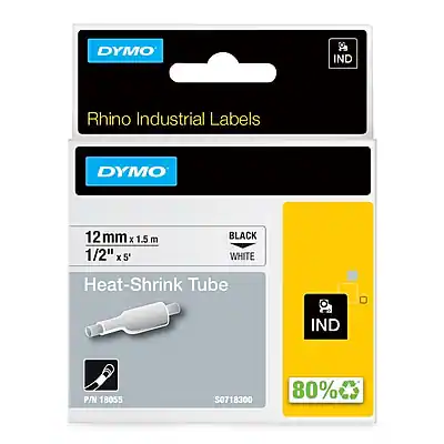 DYMO IND Rhino Industrial Labels DYMO 12 mm x 1.5 m 1/2" x 5' BLACK WHITE Heat-Shrink Tube IND P/N 18055 0718300 80%