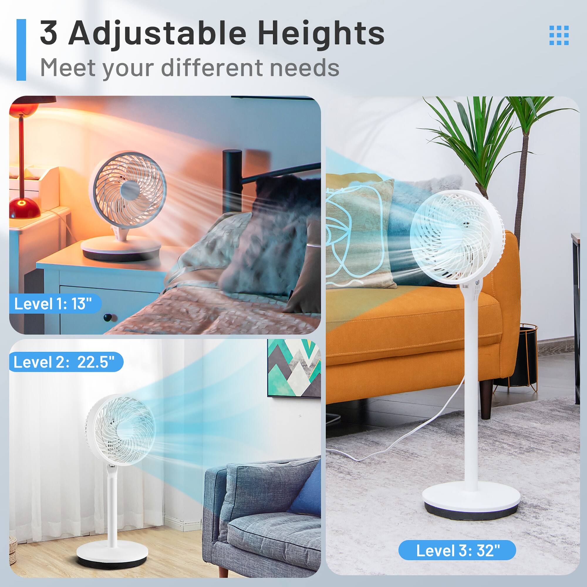 The text on the image is already grouped and correctly states that the fan has three adjustable heights to meet various needs. The heights are 13 inches, 22.5 inches, and 32 inches, respectively.