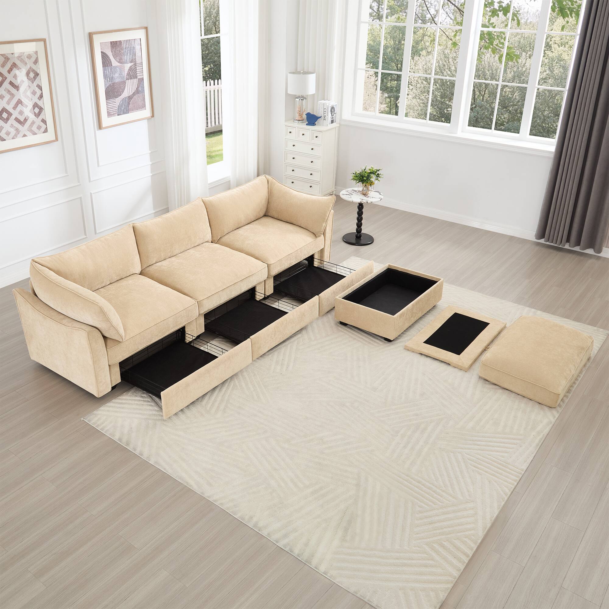 Left. Aukfa - L-Shaped 3-Seater Modular Sofa with Footstool - Crescent Armrests, Chenille Fabric, Wraparound Cushions - Hazelwood.