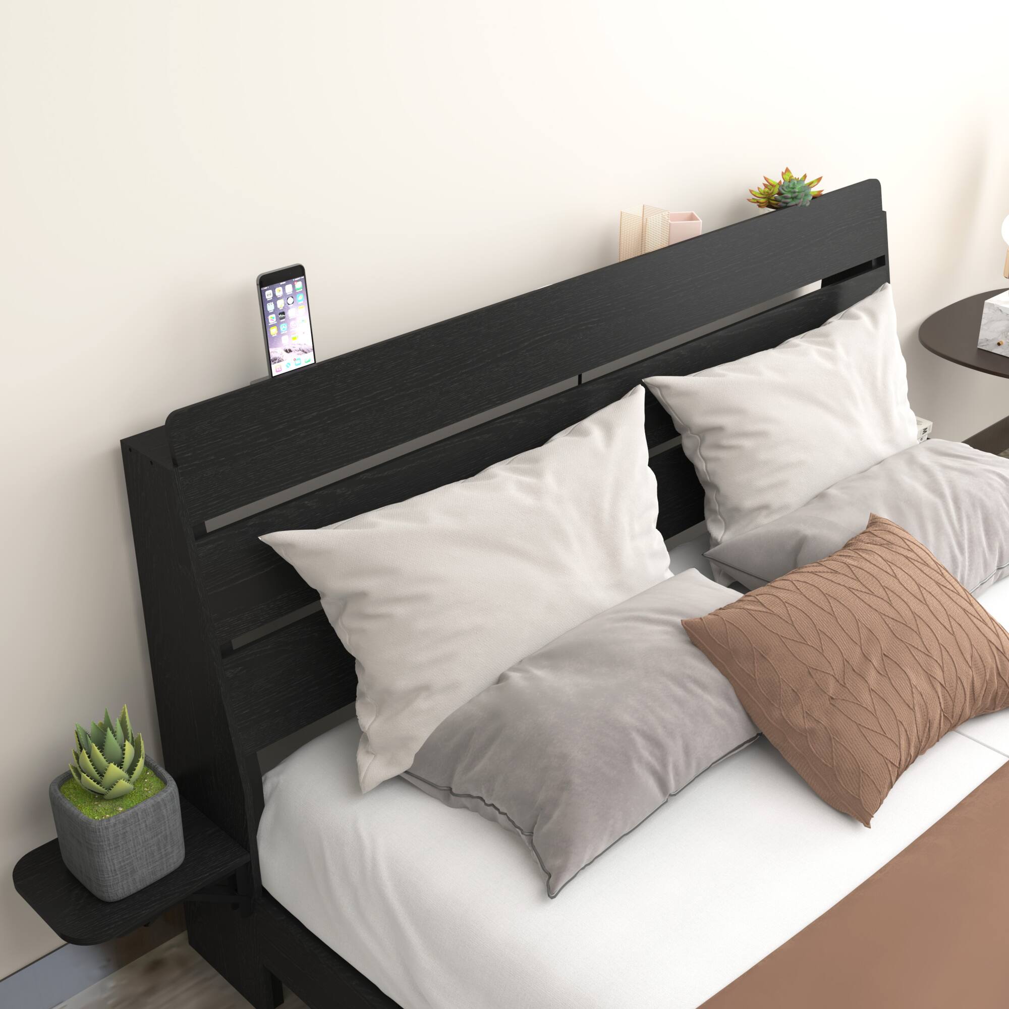 Alt View 2. GOODSILO - Queen Size Floating Bed Frame with LED Lights and Storage Headboard, Includes Charging Station and Easy Assembly Design - Black.