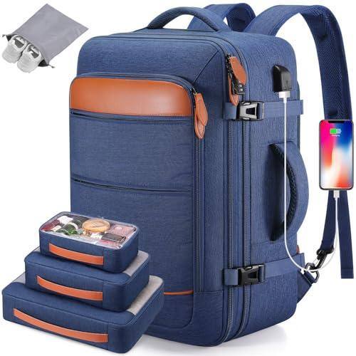 Live At Space - Travel Backpack 42l Carry On Luggage Flight Approved Expandable Laptop - Blue-brown (Backpacks With 4 Packing Cubes)
