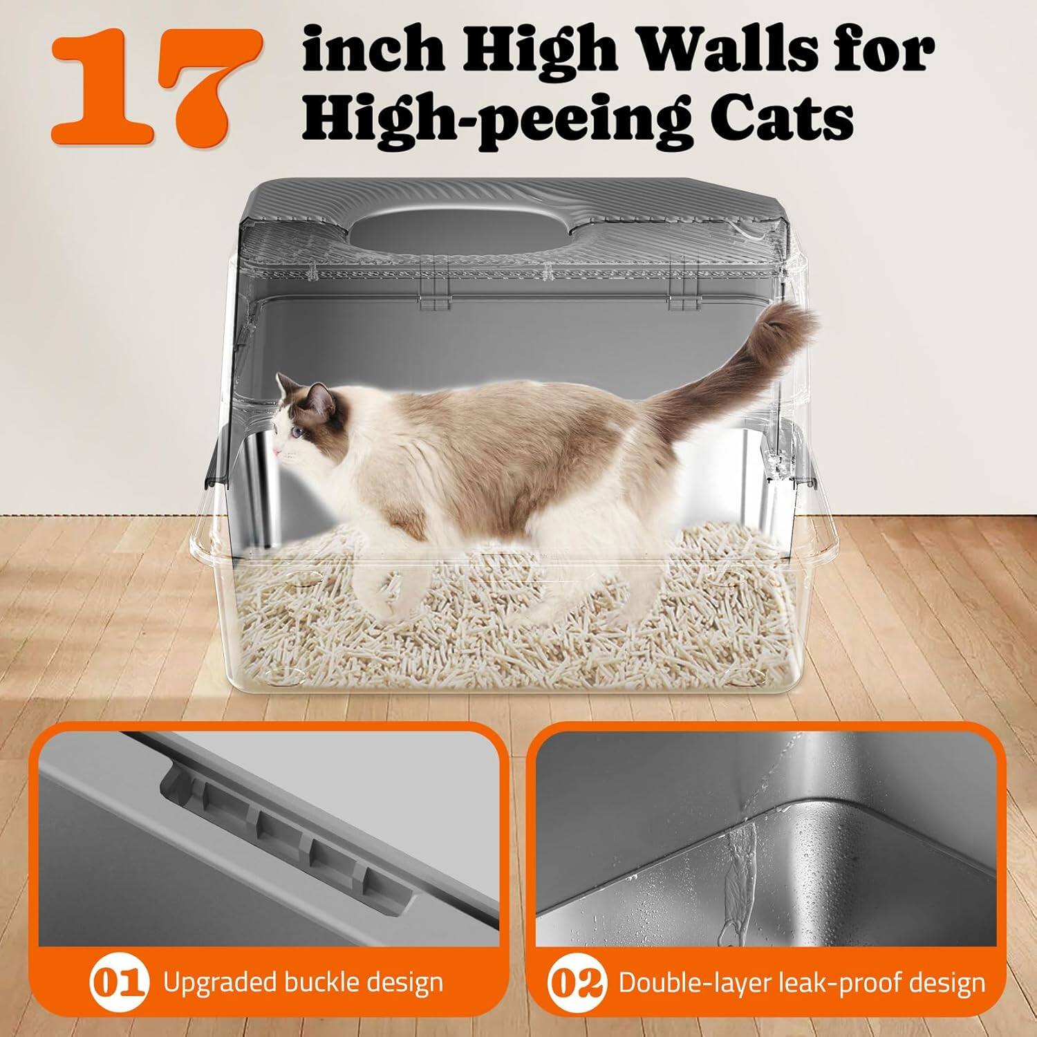 17 inch High Walls for High-peeing Cats
01 Upgraded buckle design
02 Double-layer leak-proof design