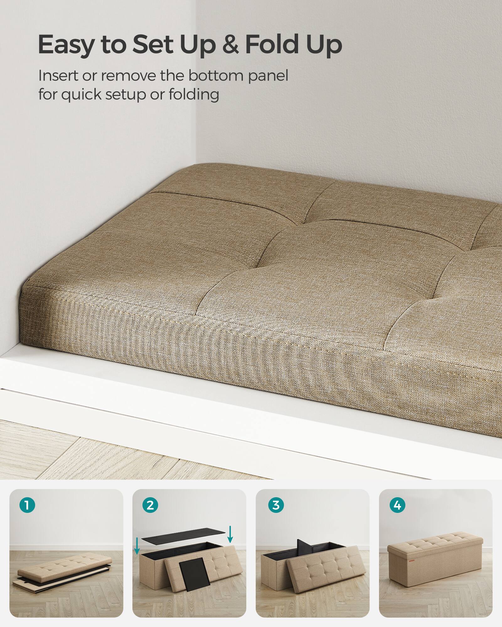 Easy to Set Up & Fold Up

Insert or remove the bottom panel for quick setup or folding

1. [Image of the bottom panel]
2. [Image of the sofa with the bottom panel removed]
3. [Image of the sofa with the bottom panel partially removed]
4. [Image of the sofa fully folded]
