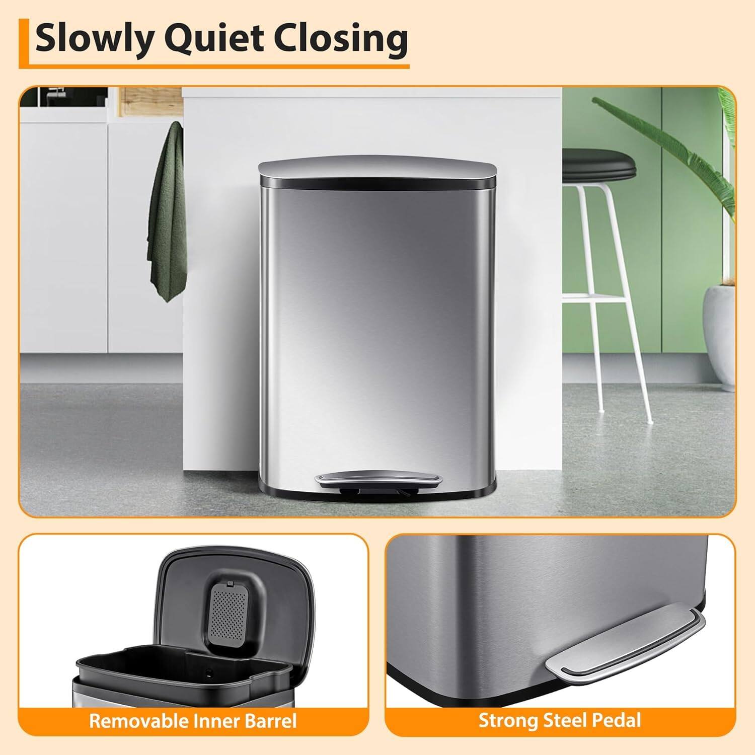 Slowly Quiet Closing  
Removable Inner Barrel  
Strong Steel Pedal