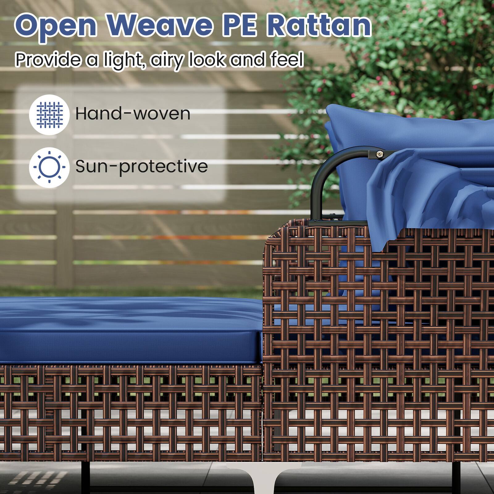 Open Weave PE Rattan  
Provide a light, airy look and feel  

- Hand-woven  
- Sun-protective
