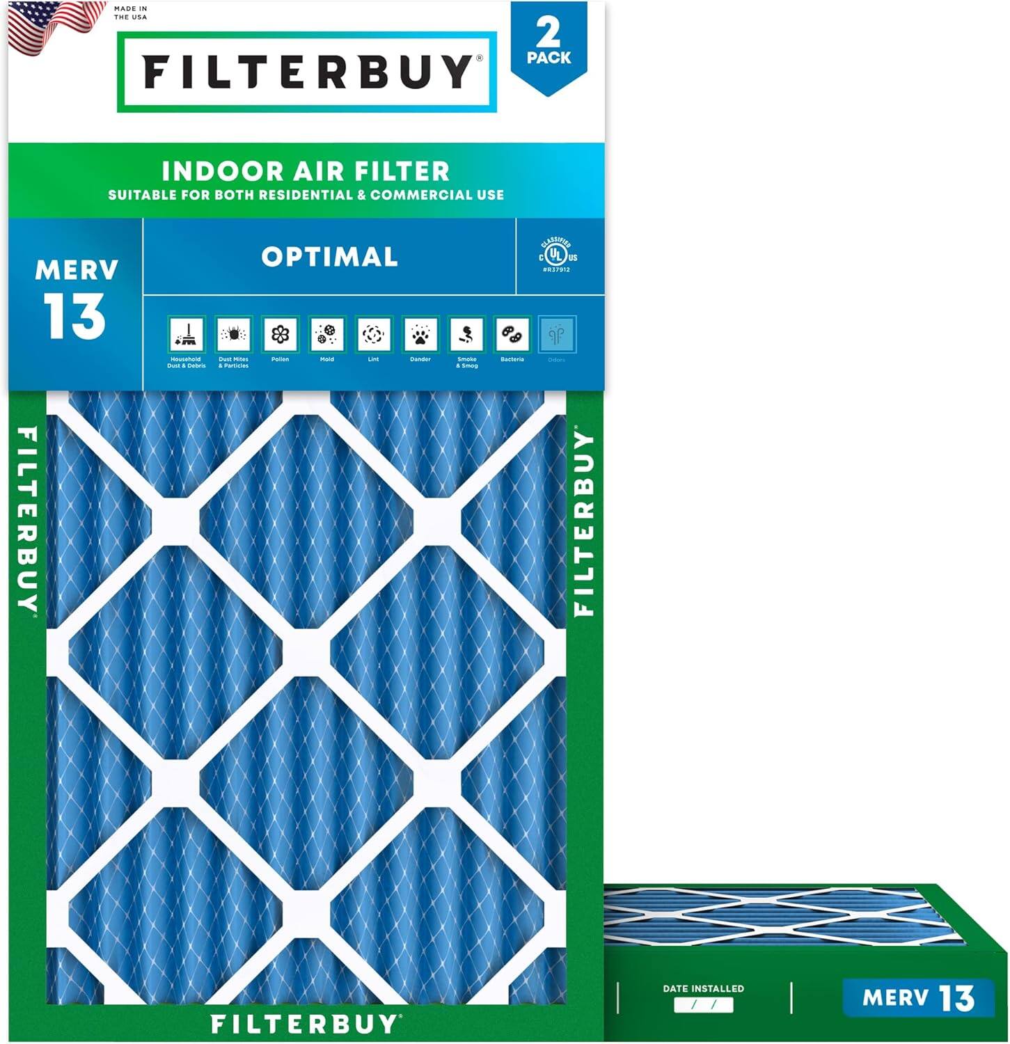 Filterbuy - 16x36x2 MERV 13 Smoke & Allergy Defense, Electrostatic Pleated HVAC AC Furnace Air Filters Replacement (2-Pack) - Blue