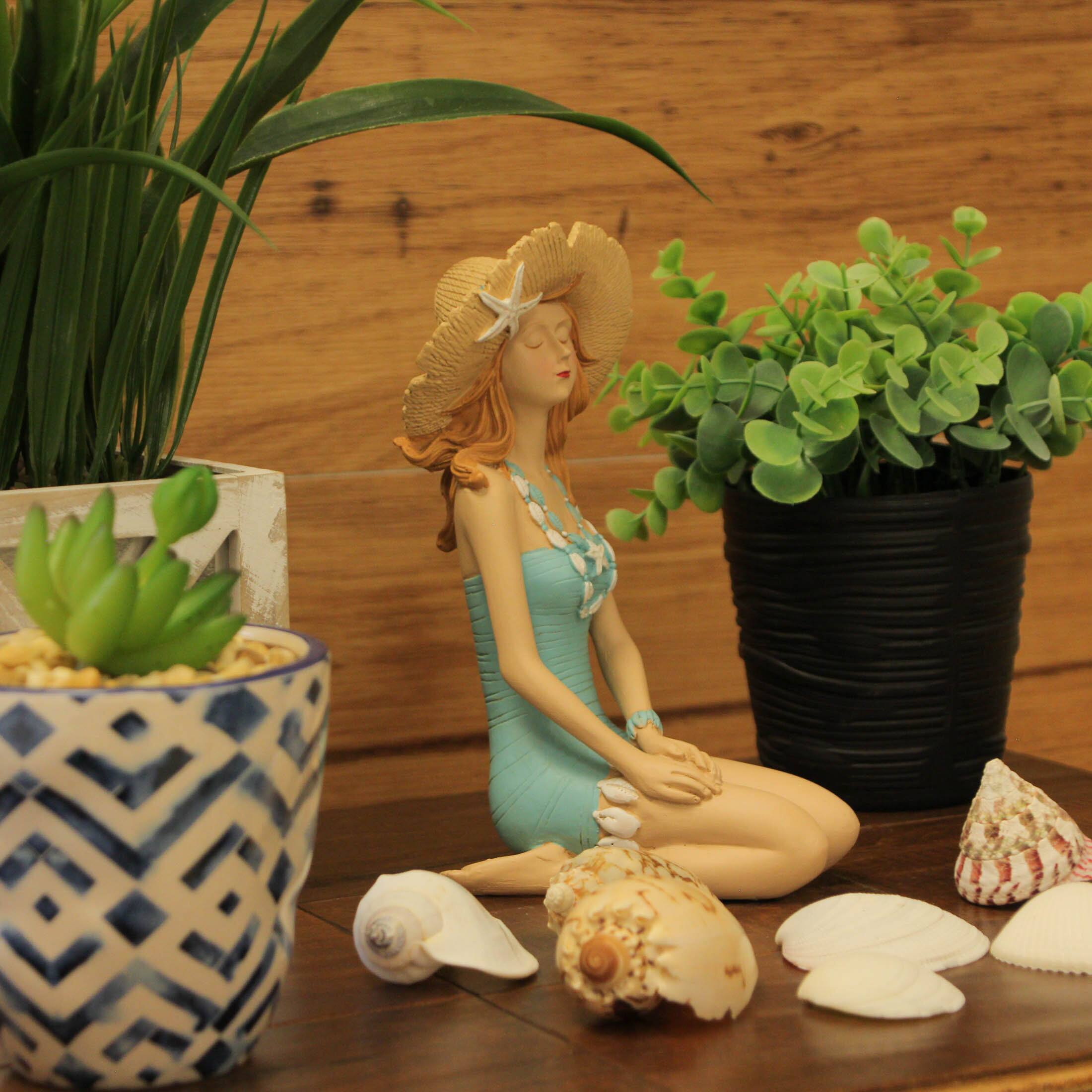 Alt View 4. Fancy That - Charming Redhead Bathing Beauty Figurine – 7.75", Straw Hat, Coastal Decor - Teal.
