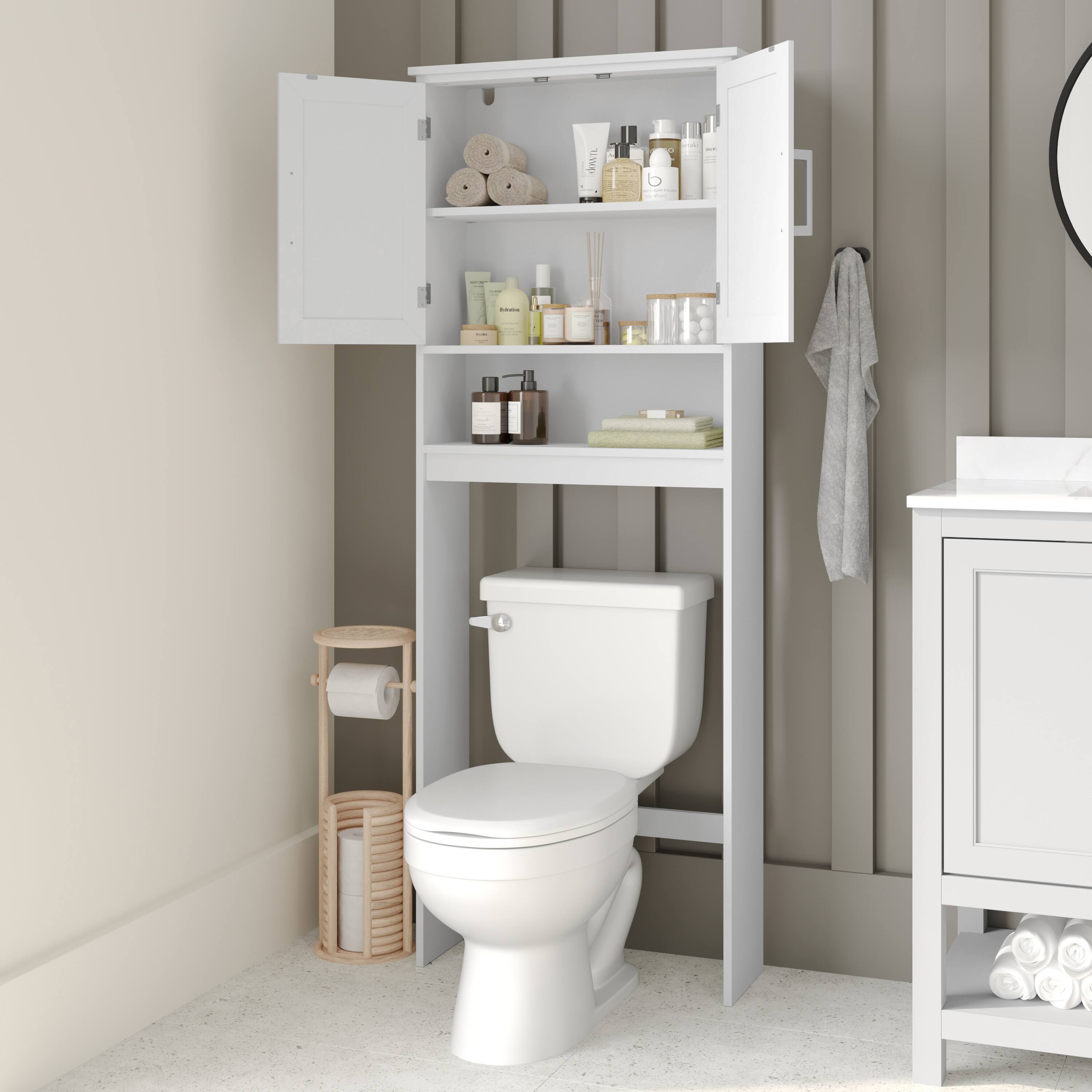 Alt View 4. Emma + Oliver - Modern Over the Toilet Cabinet with Shelves and Magnetic Closure Doors - White.