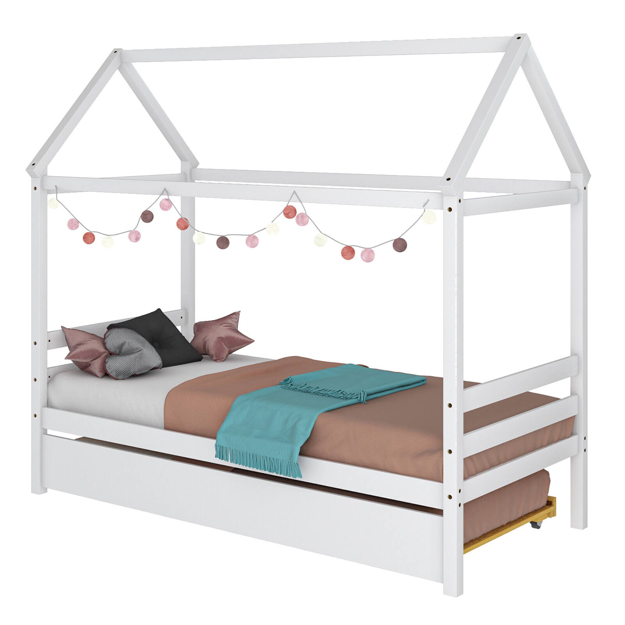 Alt View 8. Gymax - Gymax Twin House Bed Frame w/ Trundle Roof Wooden Platform Mattress Foundation White - White.