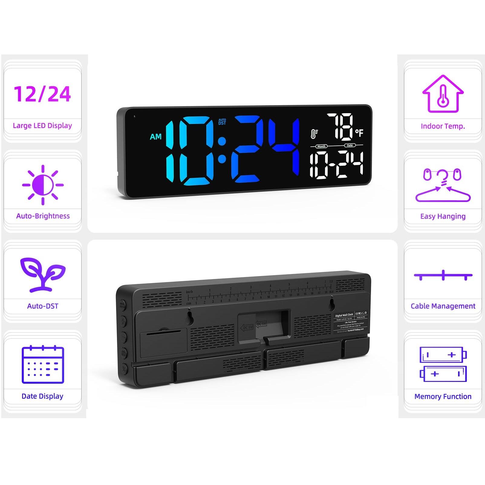 12/24 Large LED Display  
Auto-Brightness  
Auto-DST  
Date Display  
Indoor Temp.  
Easy Hanging  
Cable Management  
Memory Function