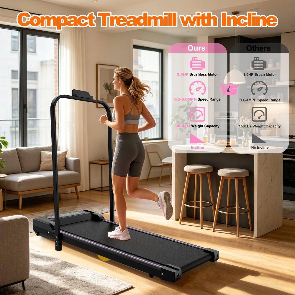 Compact Treadmill with Incline

Ours:
- 2.5HP Brushless Motor
- 0.5-5.0MPH Speed Range
- 300LBs Weight Capacity
- Incline

Others:
- 1.0HP Brush Motor
- 0.6-4MPH Speed Range
- 150LBs Weight Capacity
- No Incline