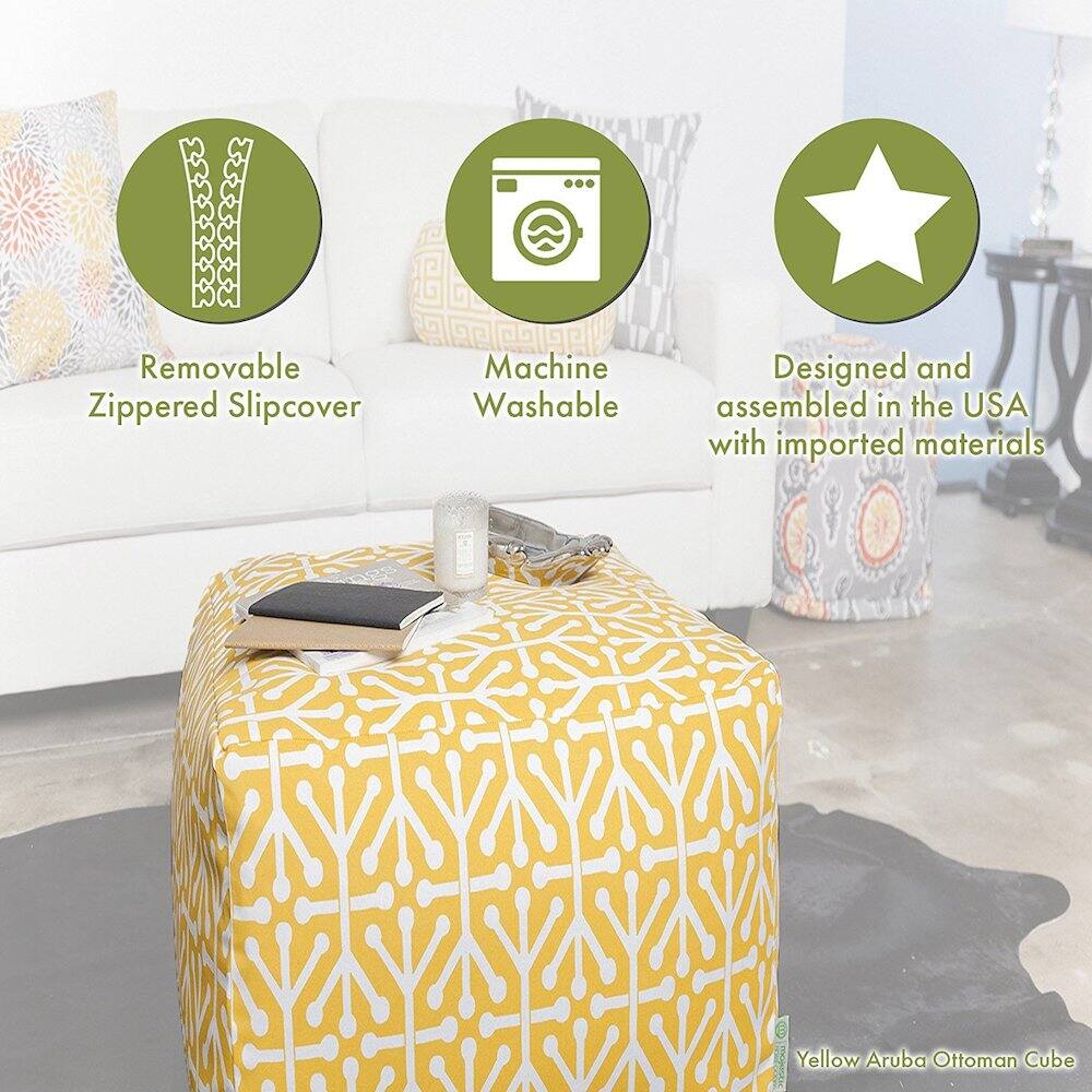 - Removable Zippered Slipcover
- Machine Washable
- Designed and assembled in the USA with imported materials
- Yellow Aruba Ottoman Cube