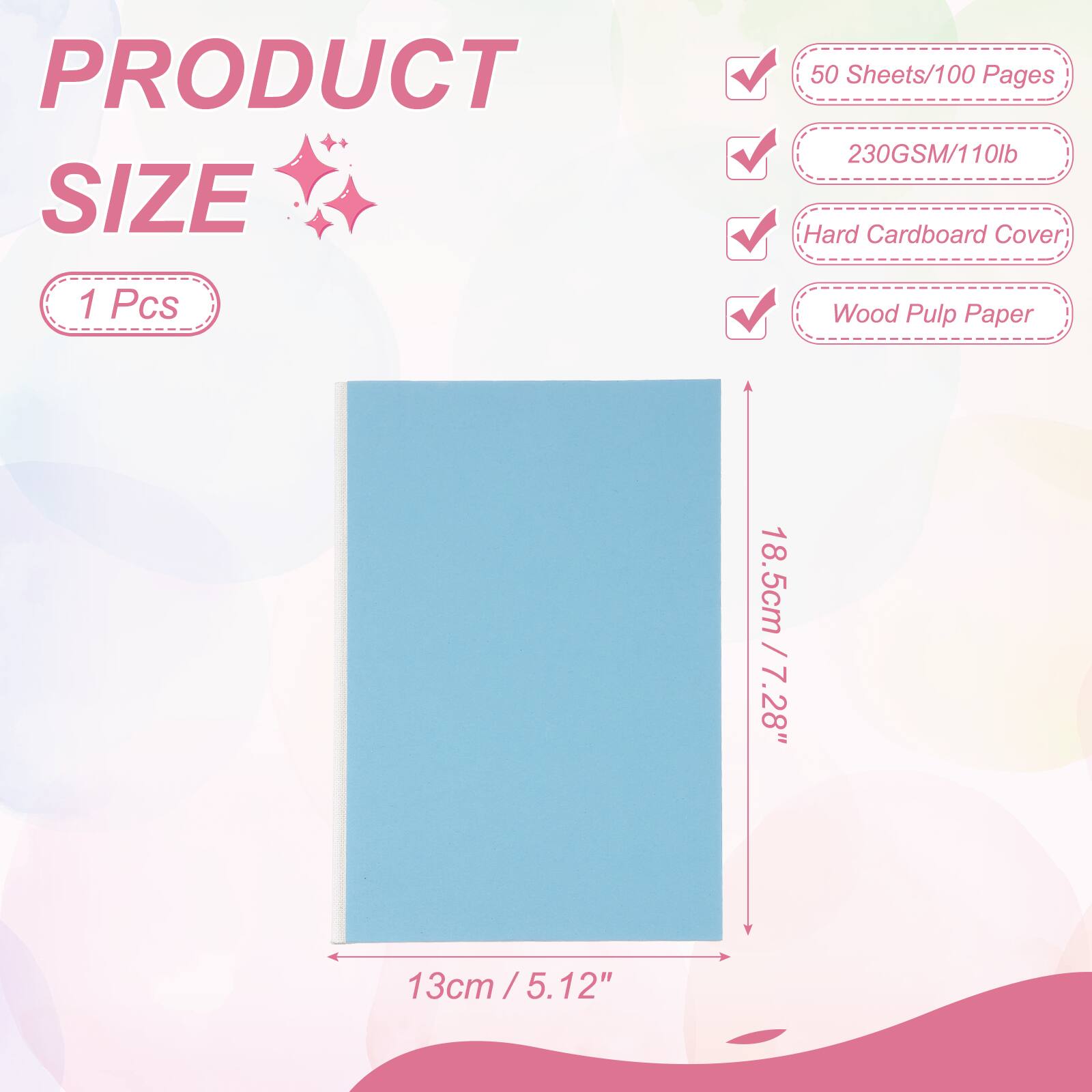 PRODUCT SIZE

1 Pcs

50 Sheets/100 Pages

230GSM/110lb

Hard Cardboard Cover

Wood Pulp Paper

18.5cm / 7.28"

13cm / 5.12"