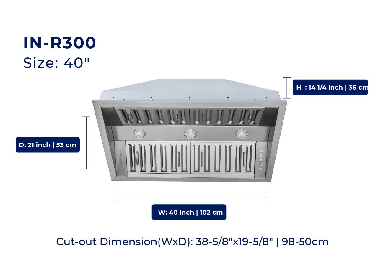 IN-R300  
Size: 40"  
H: 14 1/4 inch | 36 cm  
D: 21 inch | 53 cm  
W: 40 inch | 102 cm  
Cut-out Dimension (Wx D): 38-5/8" x 19-5/8" | 98-50 cm