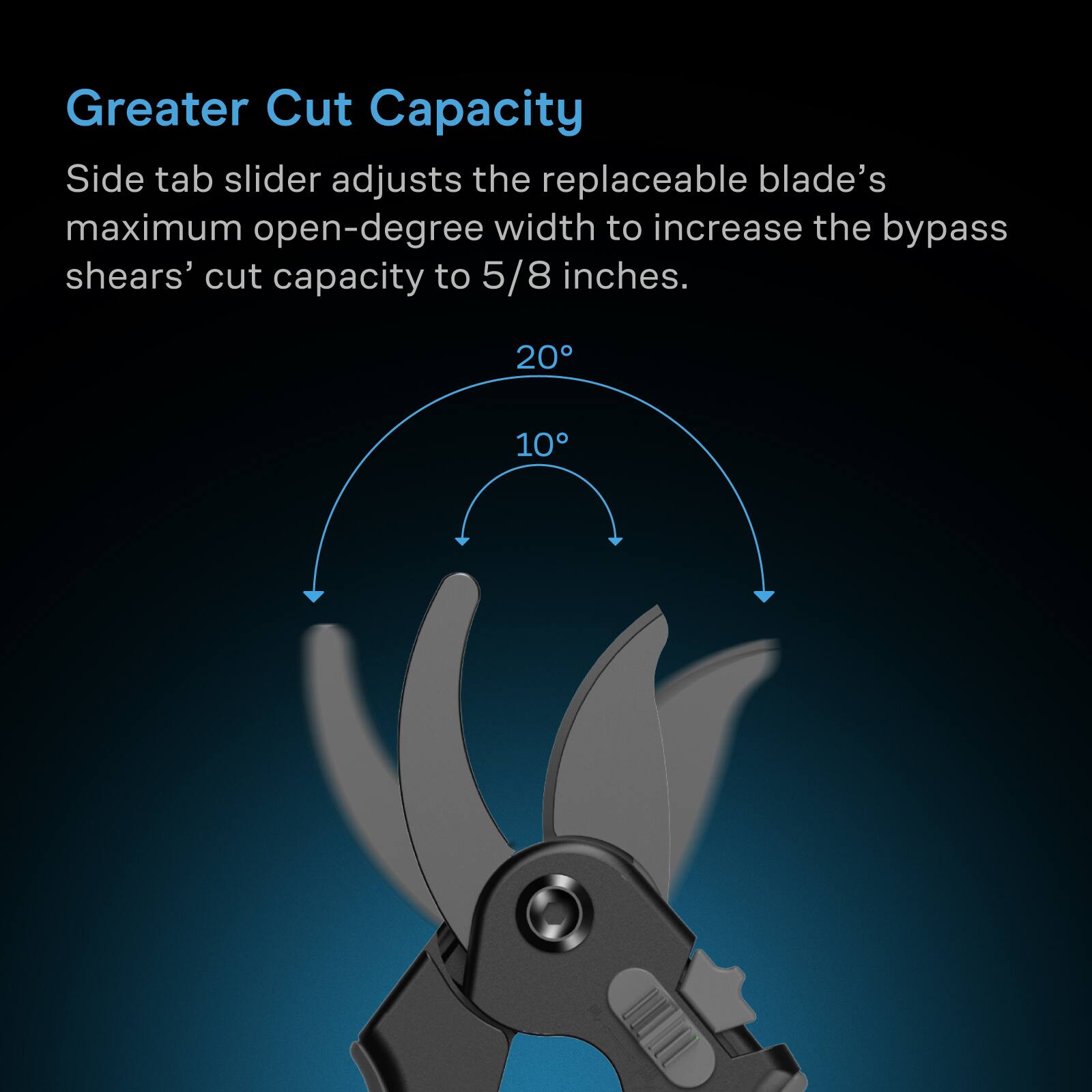 Greater Cut Capacity  
Side tab slider adjusts the replaceable blade's maximum open-degree width to increase the bypass shears' cut capacity to 5/8 inches.