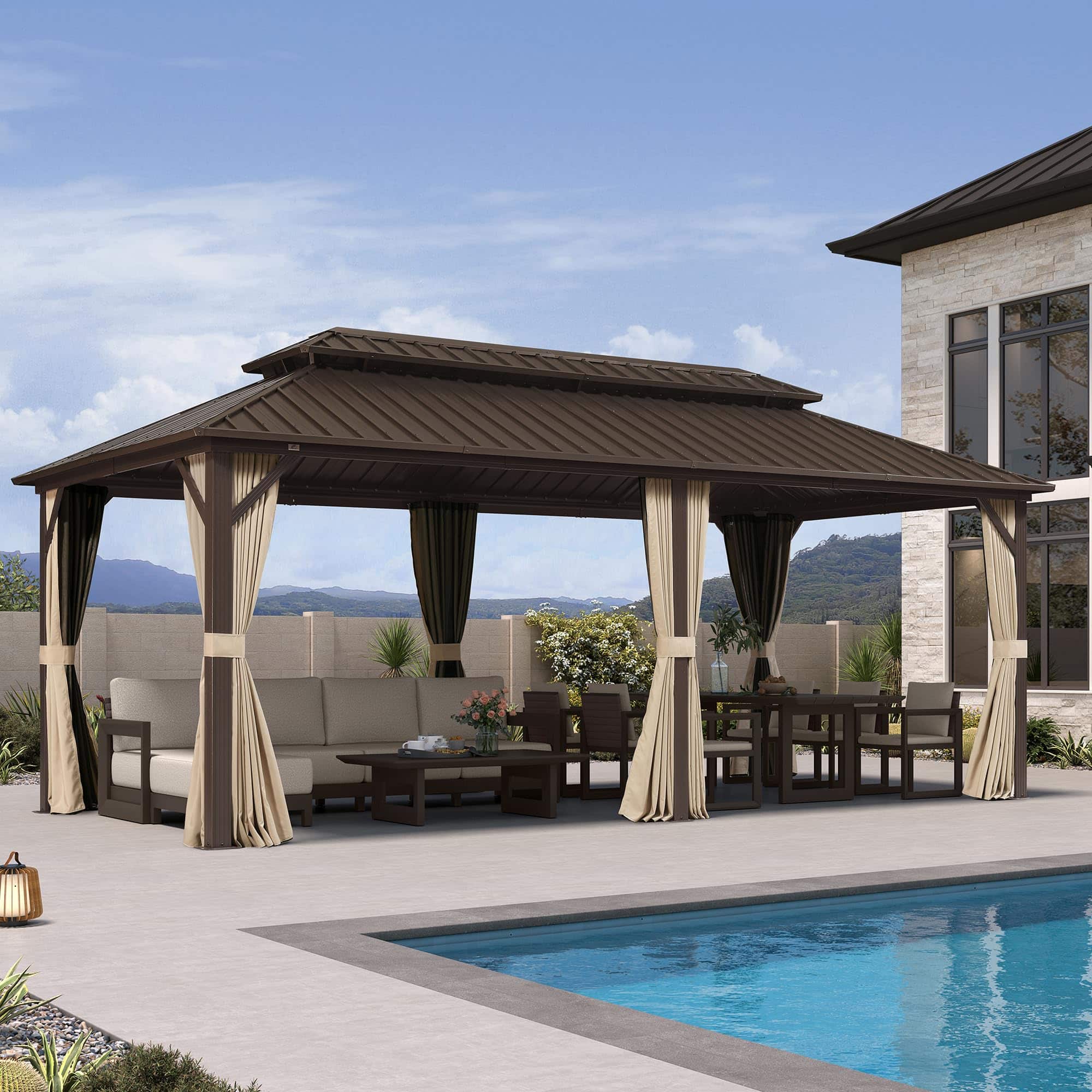 PURPLE LEAF - Outdoor Hardtop Gazebo Metal Frame Galvanized Steel Double Roof with Curtains and Nettings - 10' X 20'