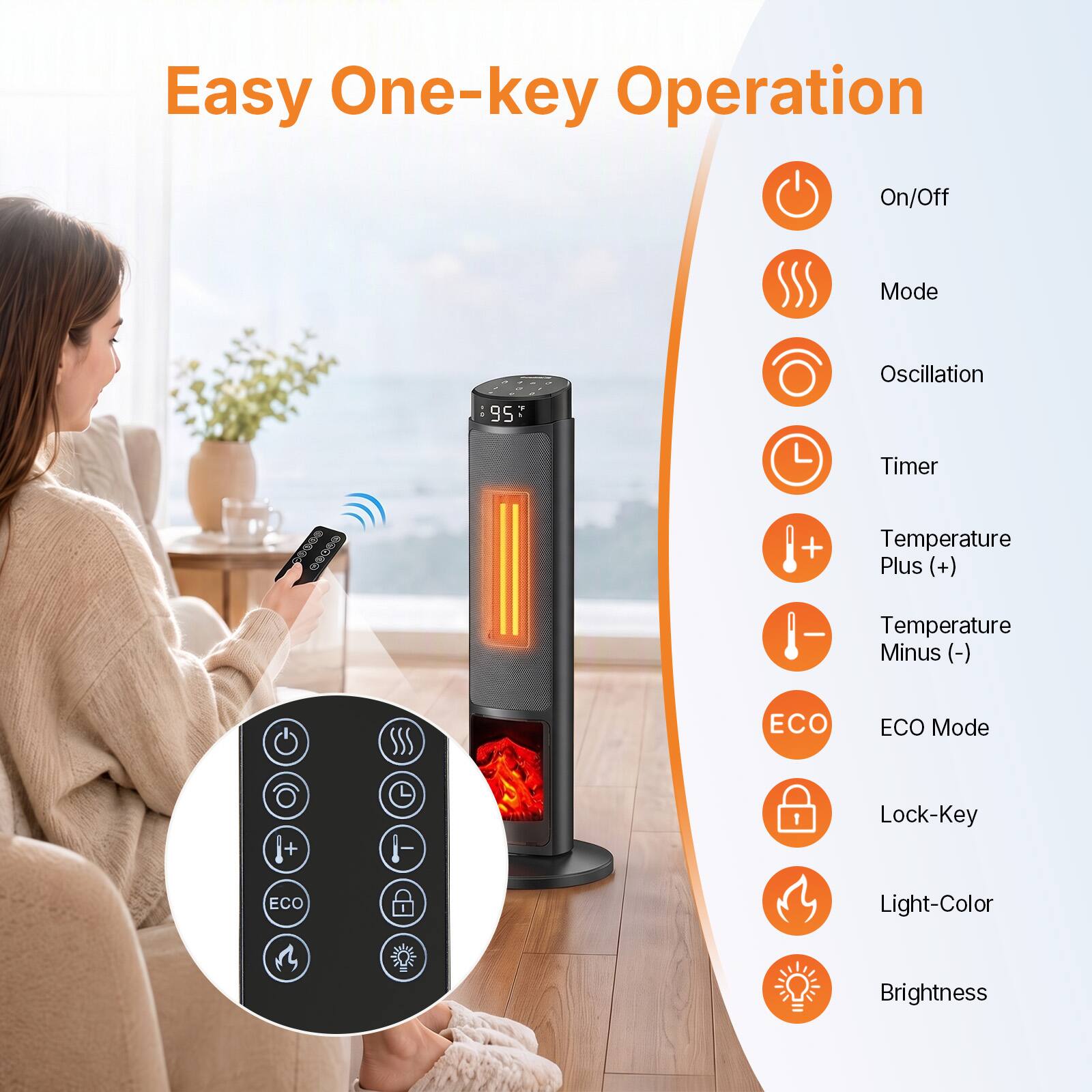 Easy One-key Operation

On/Off  
Mode  
Oscillation  
Timer  
Temperature Plus (+)  
Temperature Minus (-)  
ECO Mode  
Lock-Key  
Light-Color  
Brightness