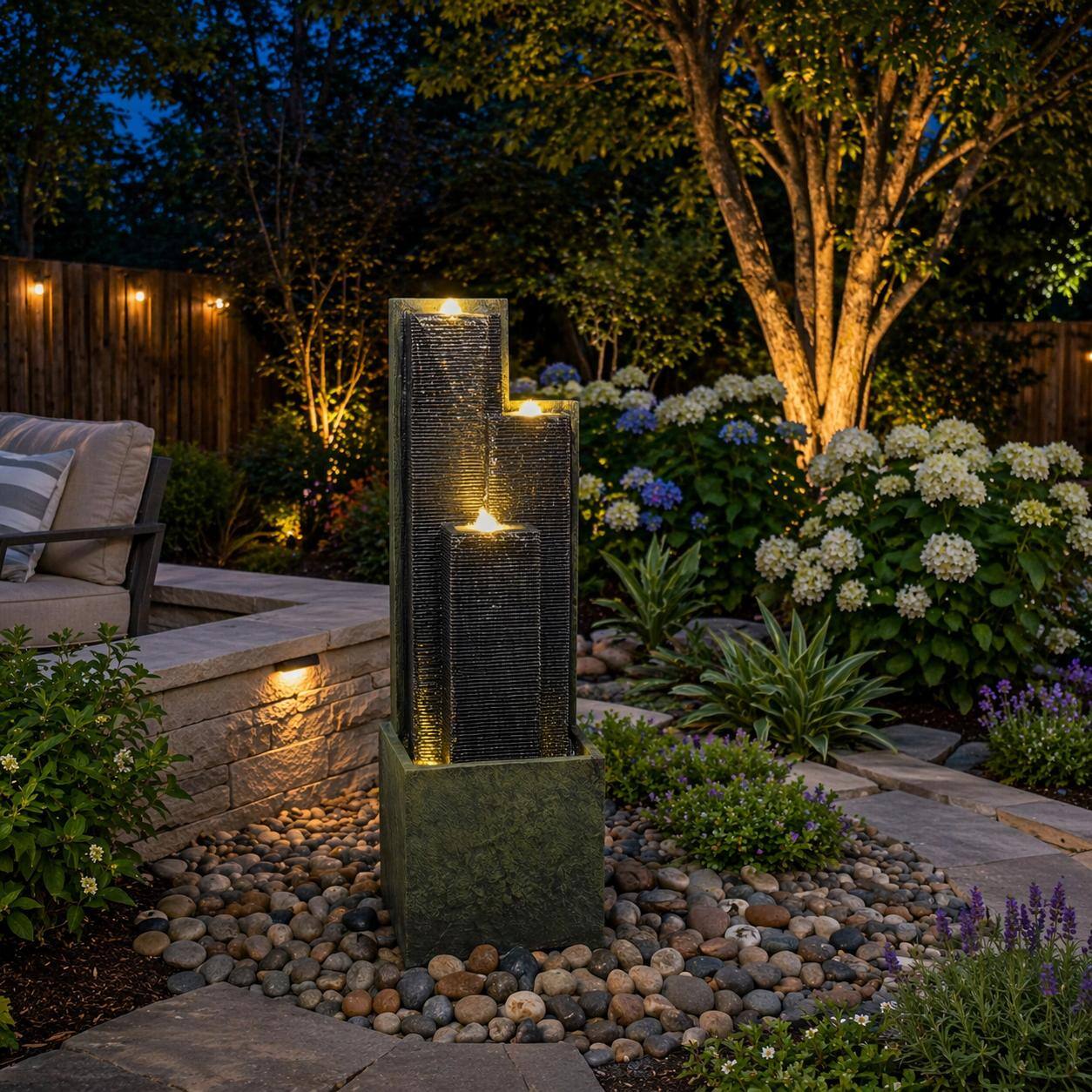 Angle. RYHNUYNE - Outdoor Water Fountain 39 Inch H Modern Cascading Freestanding Fountain with LED Lights for Garden Patio Porch.