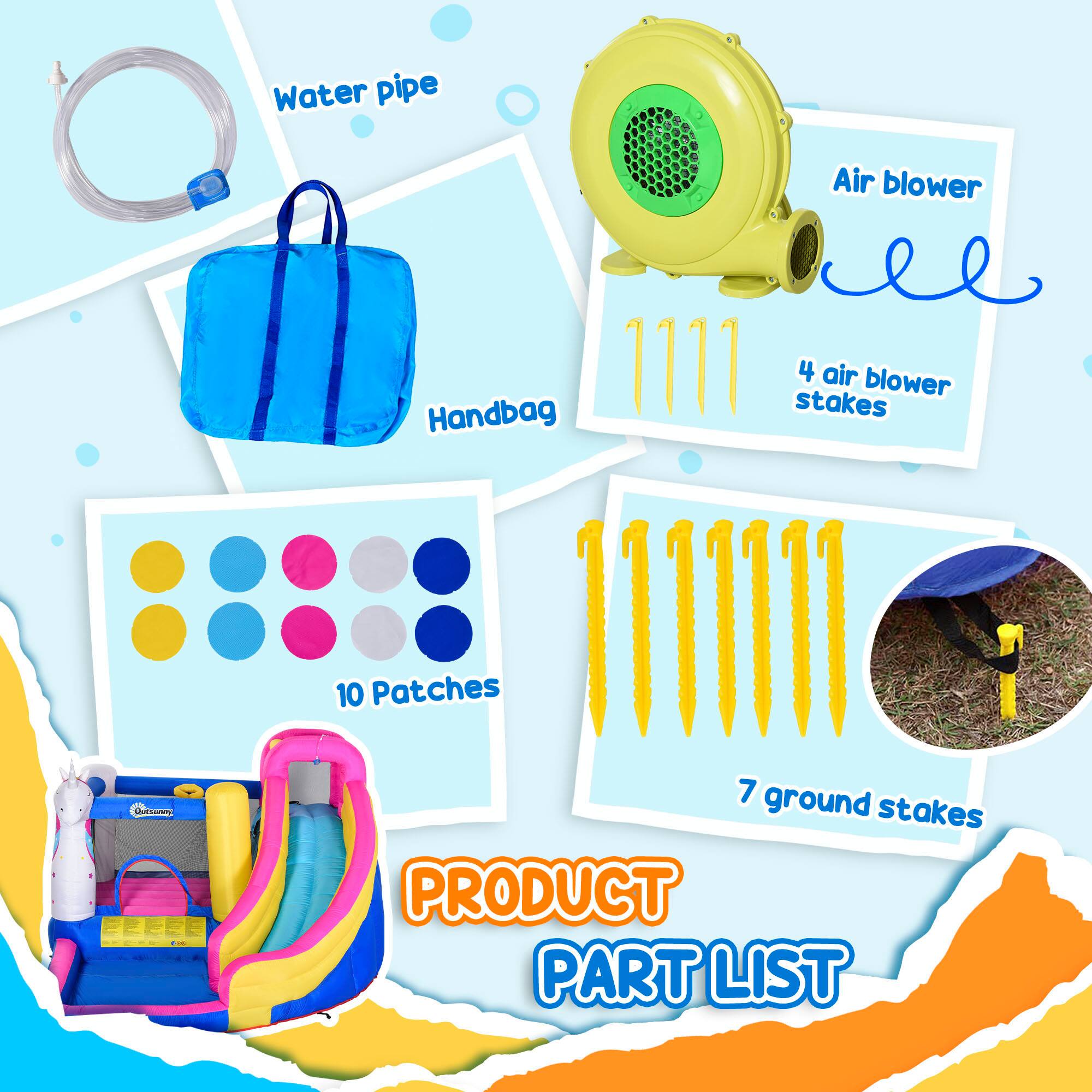 - Water pipe
- Air blower
- Handbag
- 4 air blower stakes
- 10 Patches
- 7 ground stakes

PRODUCT PART LIST