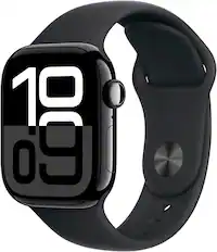 Angle. Apple - Apple Watch Series 10 (GPS) 42mm Aluminum Case with Black Sport Band - S/M - Jet Black.