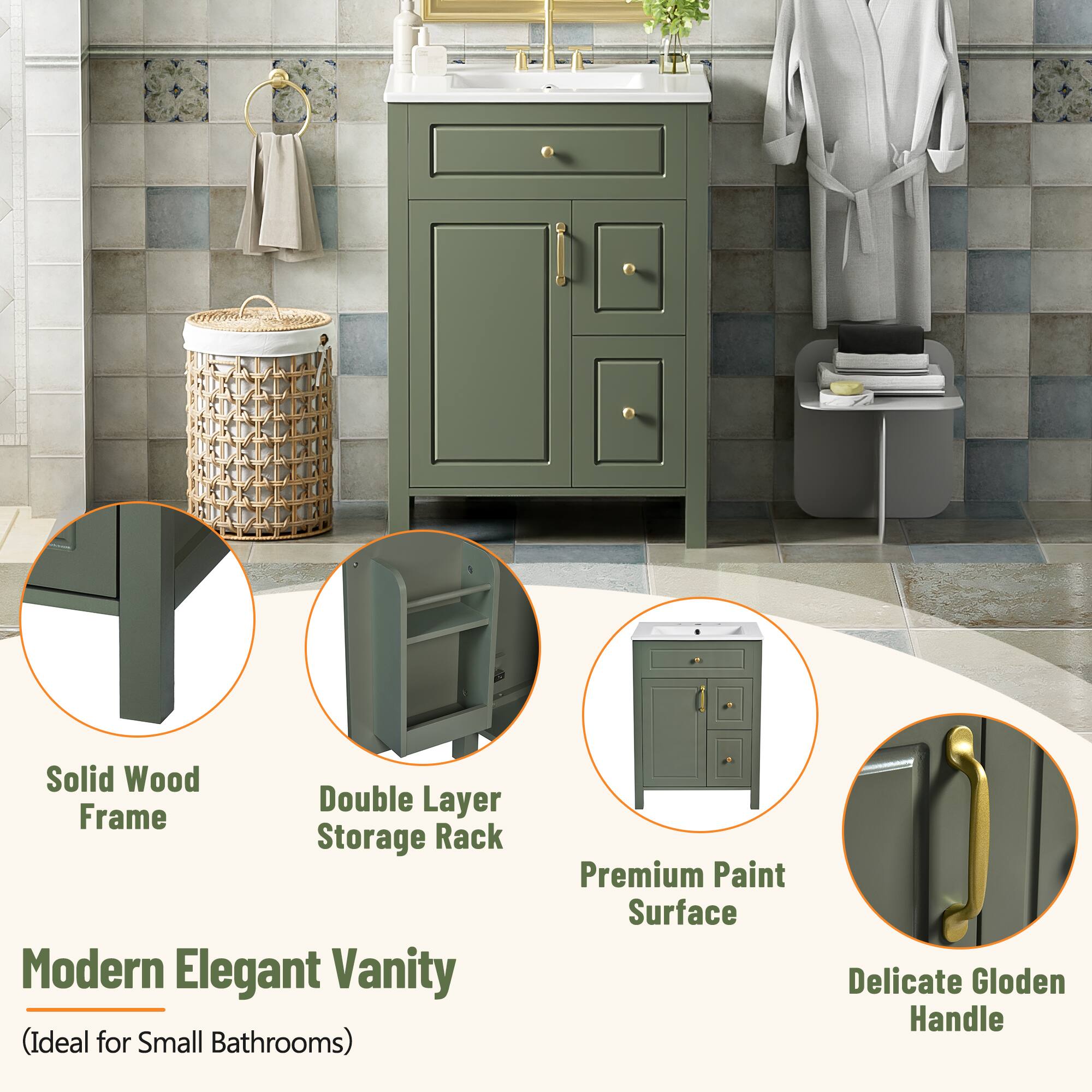 Modern Elegant Vanity  
(Ideal for Small Bathrooms)  

- Solid Wood Frame  
- Double Layer Storage Rack  
- Premium Paint Surface  
- Delicate Golden Handle