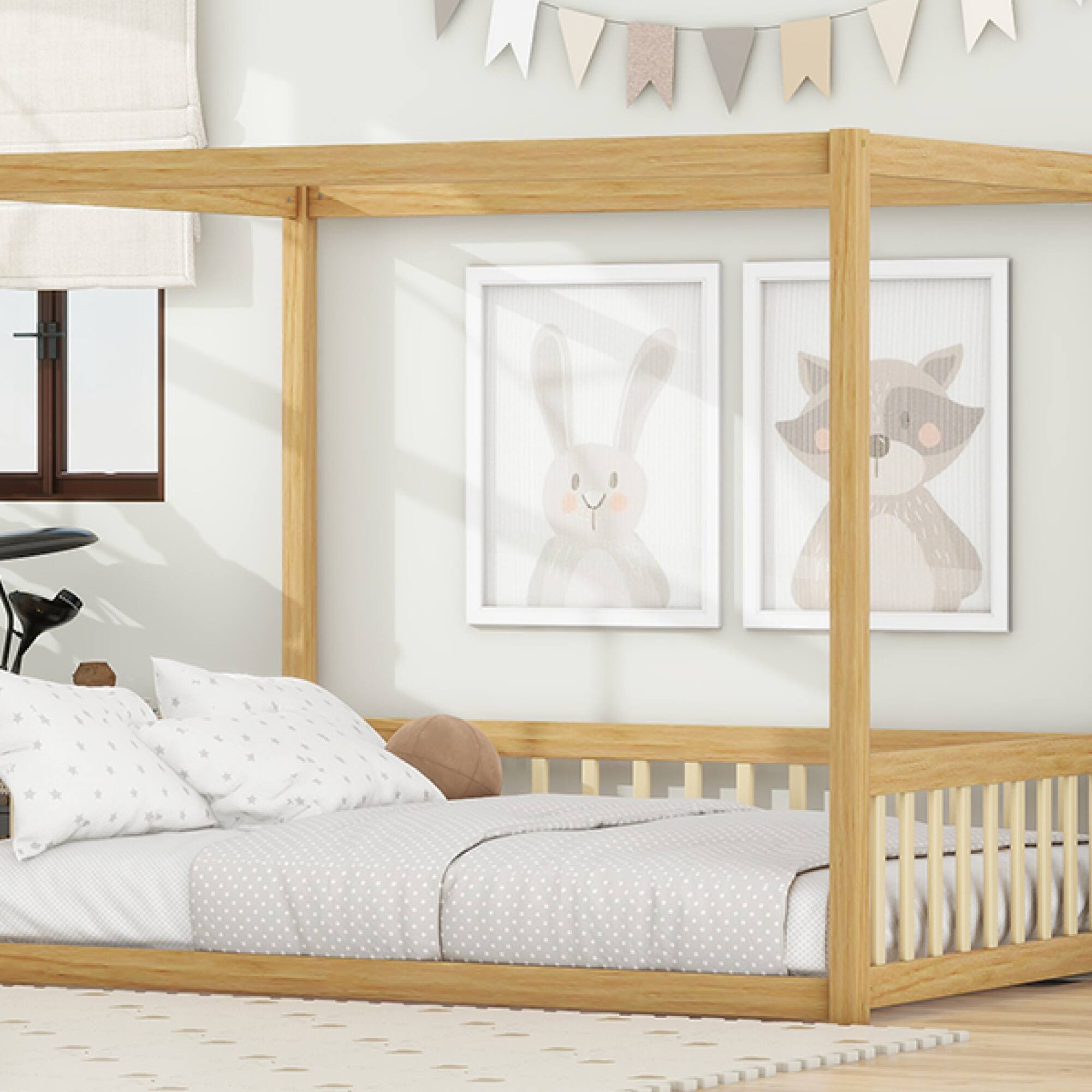 Alt View 7. GOODSILO - Full Size Canopy Frame Floor Bed with Safety Guardrails - Natural.