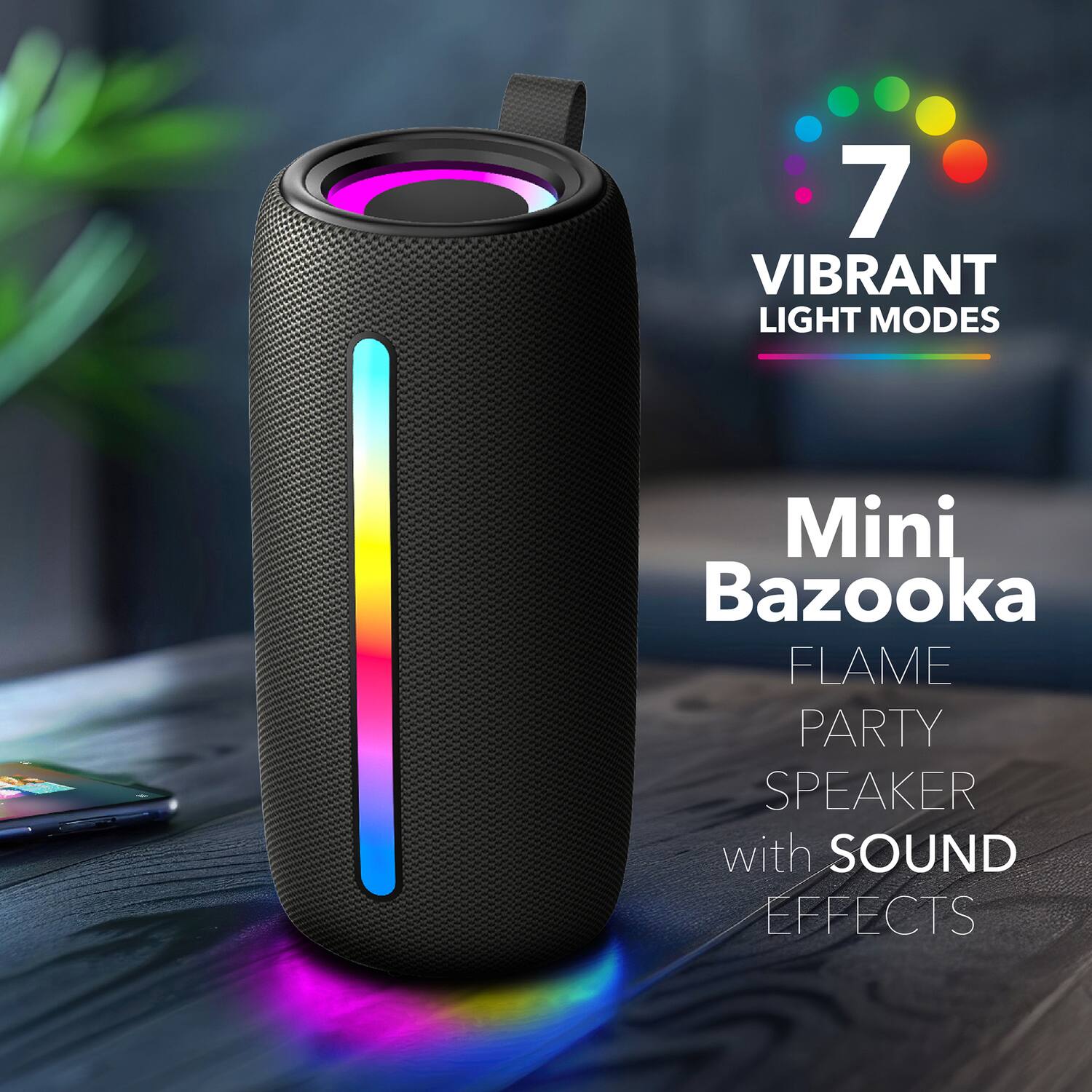 7 VIBRANT LIGHT MODES Mini Bazooka FLAME PARTY SPEAKER with SOUND EFFECTS