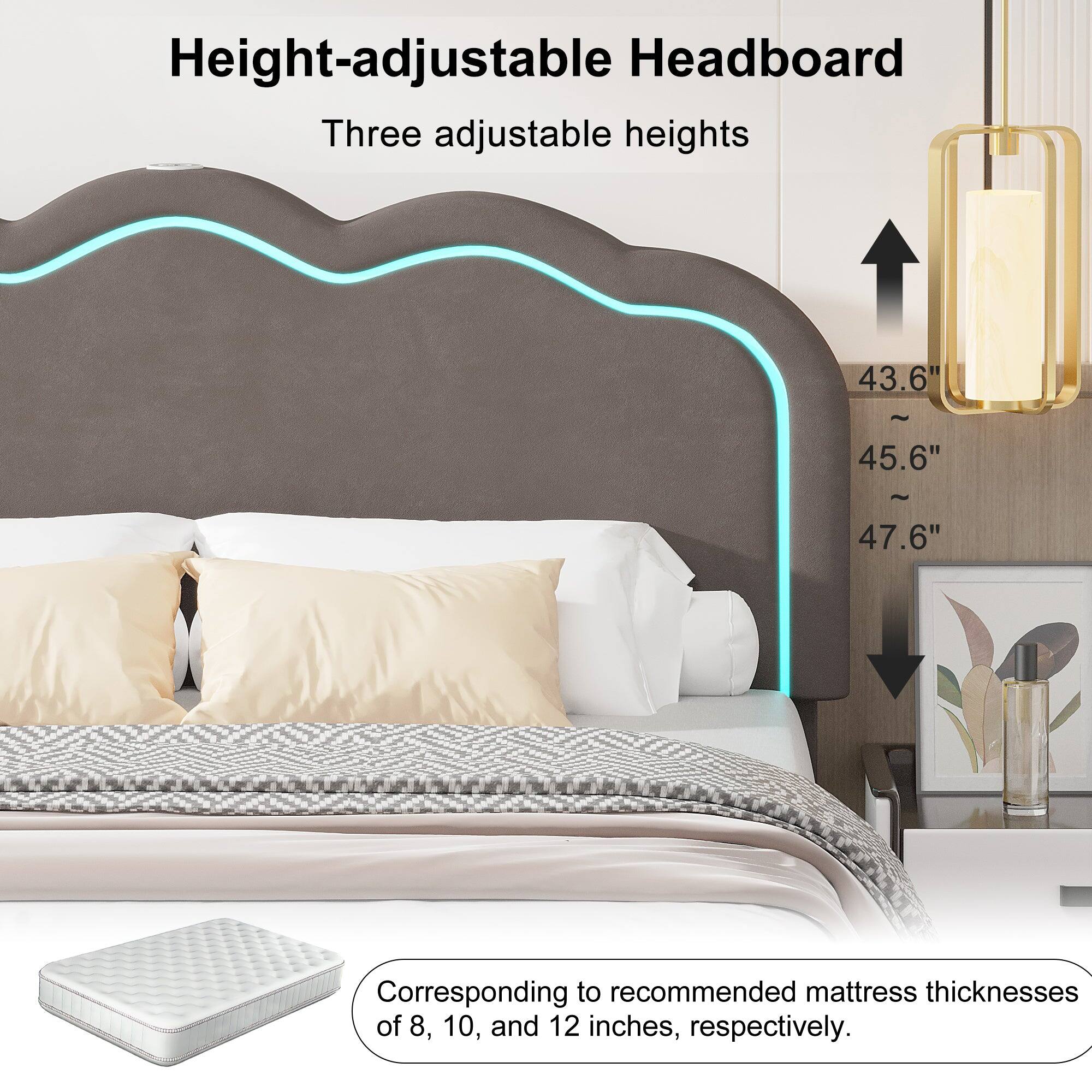 Height-adjustable Headboard  
Three adjustable heights: 43.6", 45.6", 47.6"  
Corresponding to recommended mattress thicknesses of 8, 10, and 12 inches, respectively.