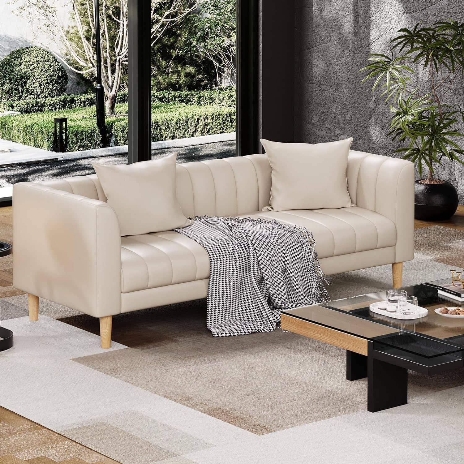 Babevy - Faux Leather Sofa Couch  Modern  78 inch W  Sofa with Deep  Seats 3 Seater Sofa Couch with 2 Throw Pillows and Wood Legs - Off-white