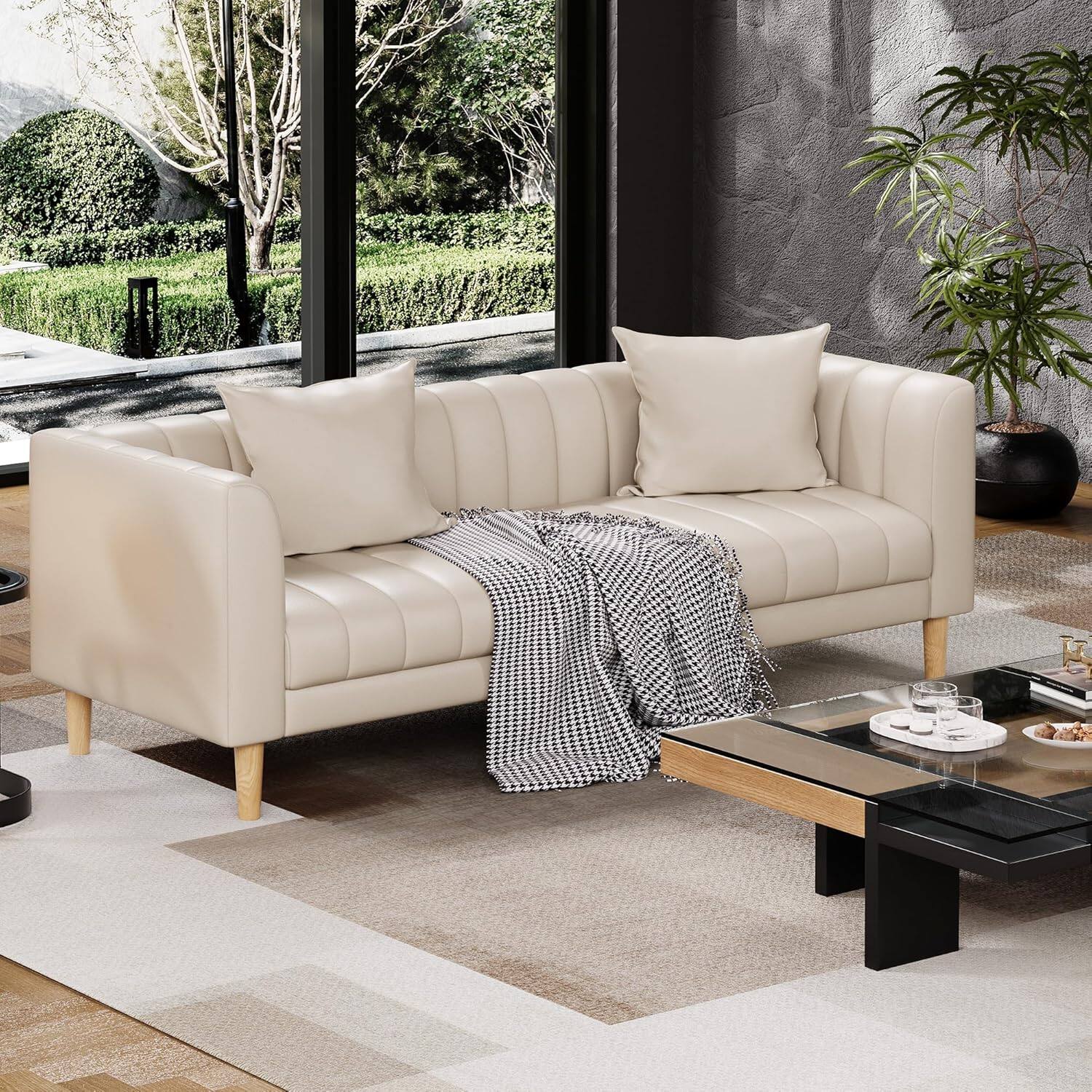 Front. Babevy - Faux Leather Sofa Couch  Modern  78 inch W  Sofa with Deep  Seats 3 Seater Sofa Couch with 2 Throw Pillows and Wood Legs - Off-white.