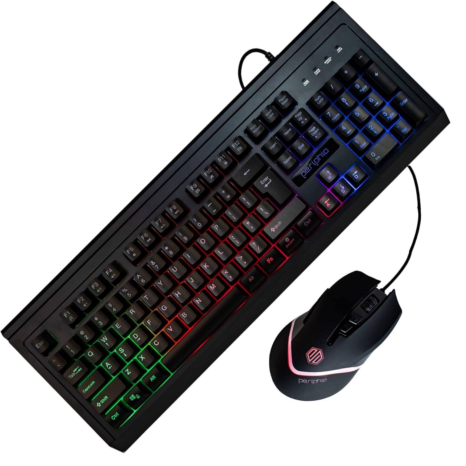 Sure, here is the corrected and grouped text from the image:

**Keyboard:**
- Esc
- F1 F2 F3 F4 F5 F6 F7 F8 F9 F10 F11 F12
- 1 2 3 4 5 6 7 8 9 0 - = Delete
- Tab Q W E R T Y U I O P [ ] \
- Caps Lock A S D F G H J K L ; ' Enter
- Shift Z X C V B N M , . / Shift
- Ctrl Fn Alt Spacebar Alt Ctrl
- Fn Lock
- Page Up Page Down Home End
- Insert Delete
- Num Lock
- 7 8 9 + 4 5 6 - 1 2 3 0 . Enter
- Periphio

**Mouse:**
- Periphio