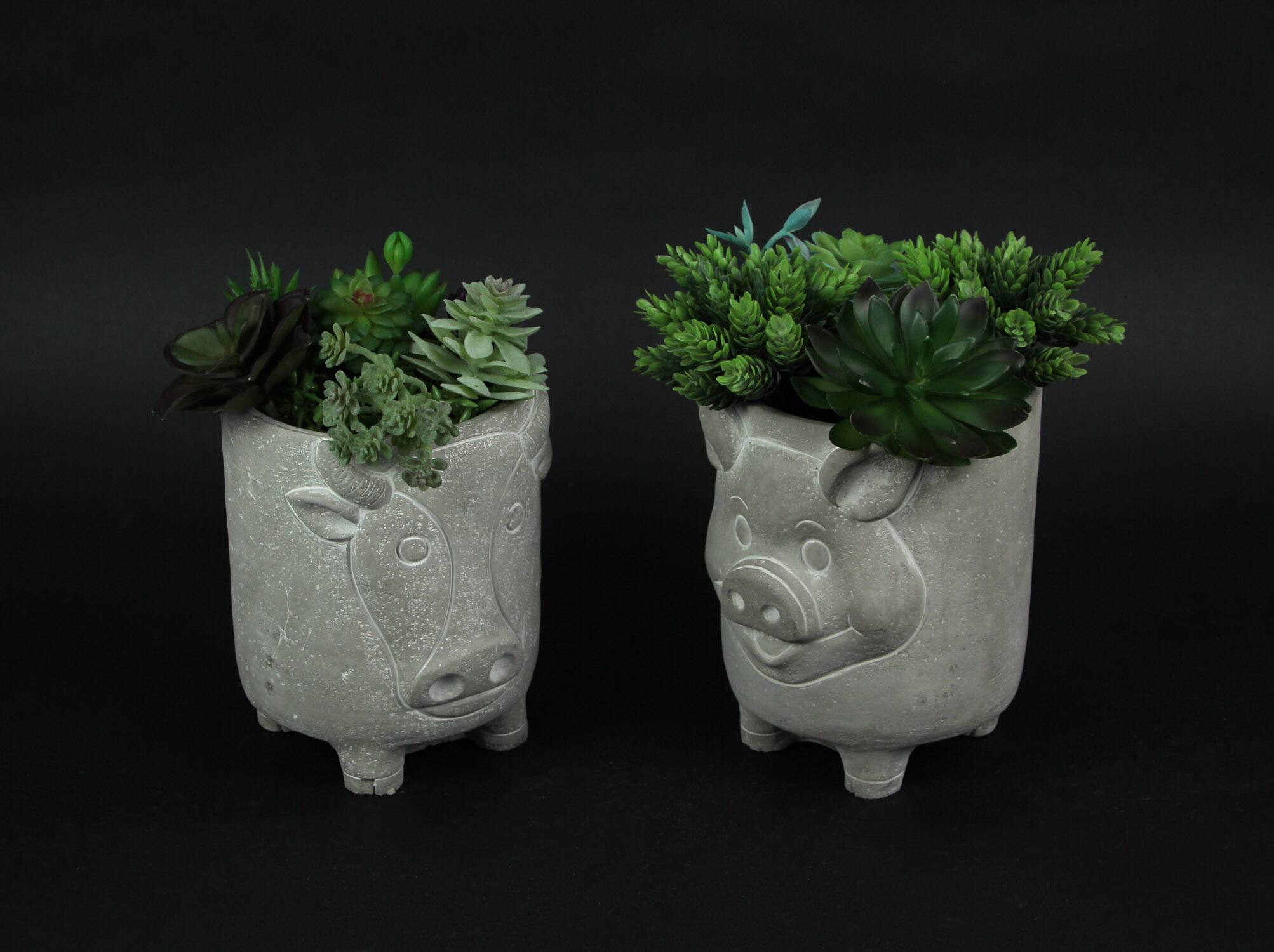 Alt View 2. The Gerson Companies - Set of 2 Natural Gray Barnyard Animal Design Concrete Planters Cow and Pig 8 Inches High - Grey.