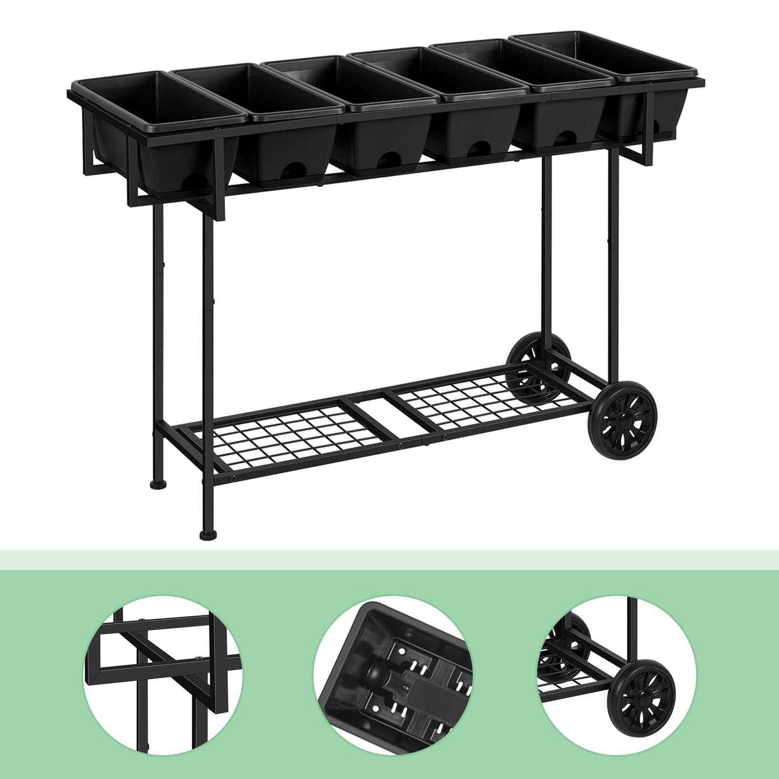 Left. Oumilen - Raised Garden Bed With 6-Pack Planter Boxes, Mobile Elevated Stand on Wheels & Storage Shelf for Veggies & Herbs.