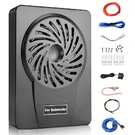 Junsun - 10" 1200W Slim Under Seat Subwoofer with Built-in Amplifier 300W RMS Adjustable Low Pass/Gain/Bass Boost with Wiring Kit - Black