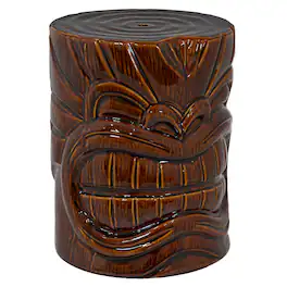 Sunnydaze - Wood-Look Tiki Head Ceramic Garden Stool - 17” - Brown