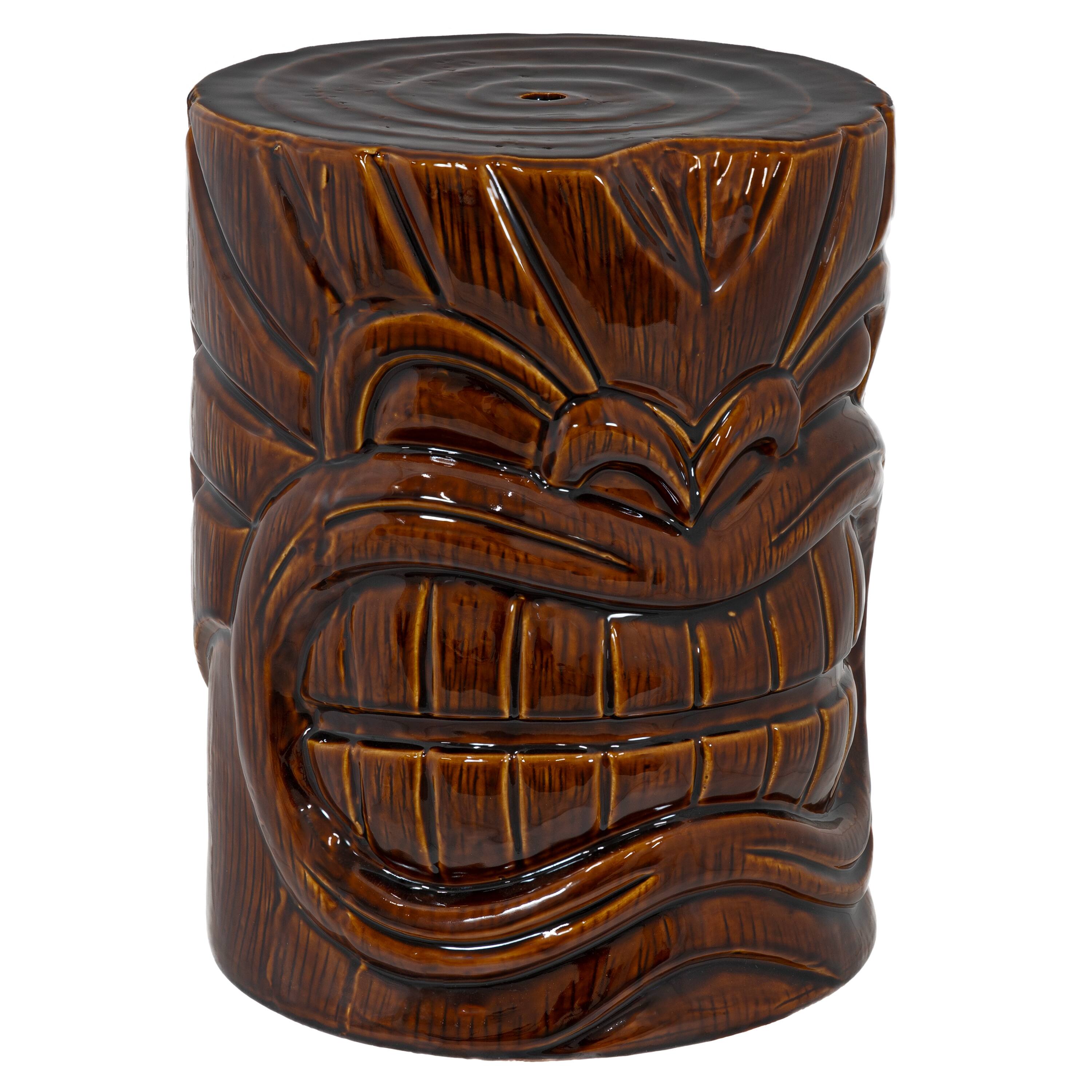 Front. Sunnydaze - Wood-Look Tiki Head Ceramic Garden Stool - 17” - Brown.